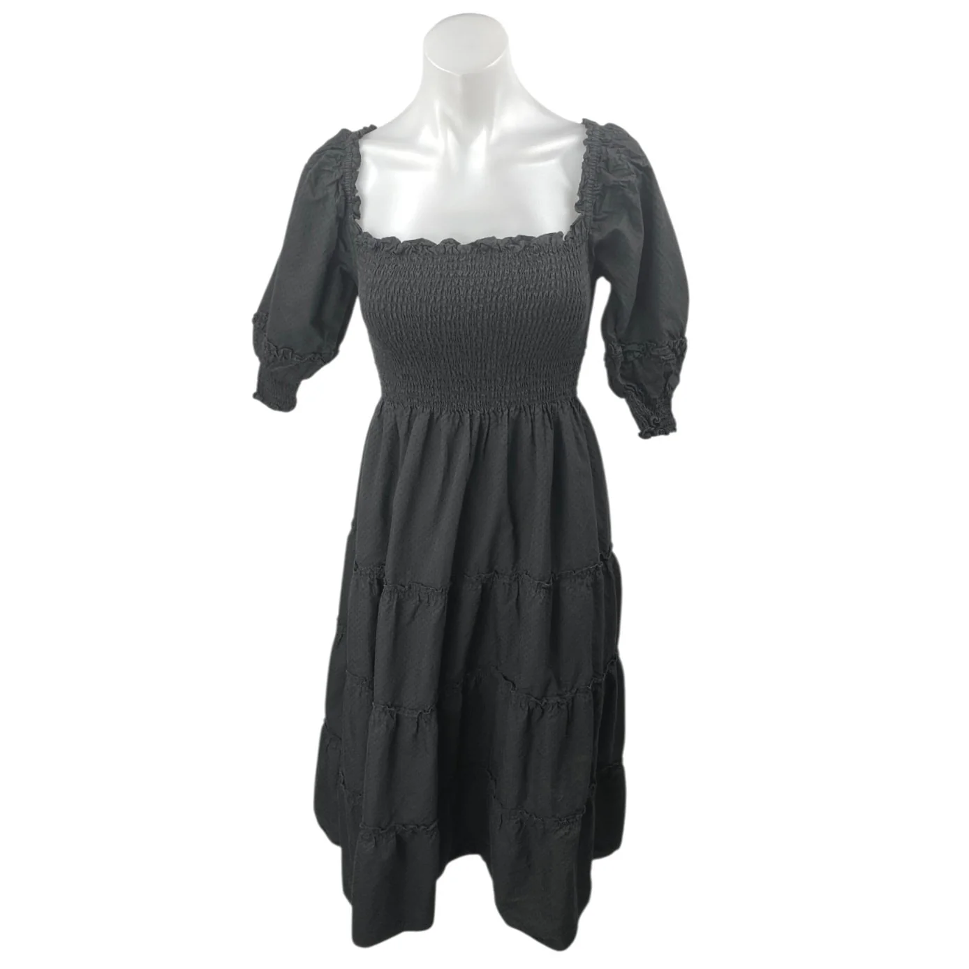 Hill House Home Nesli Black Puff Sleeve Smocked Tiered Midi A-Line Nap Dress XS
