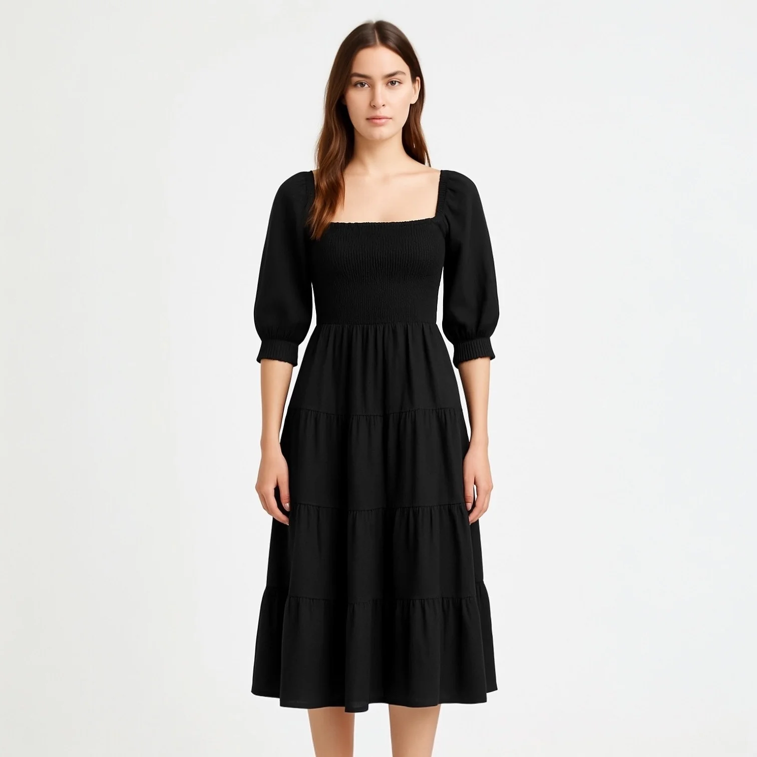 Hill House Home Nesli Black Puff Sleeve Smocked Tiered Midi A-Line Nap Dress XS - Image 2
