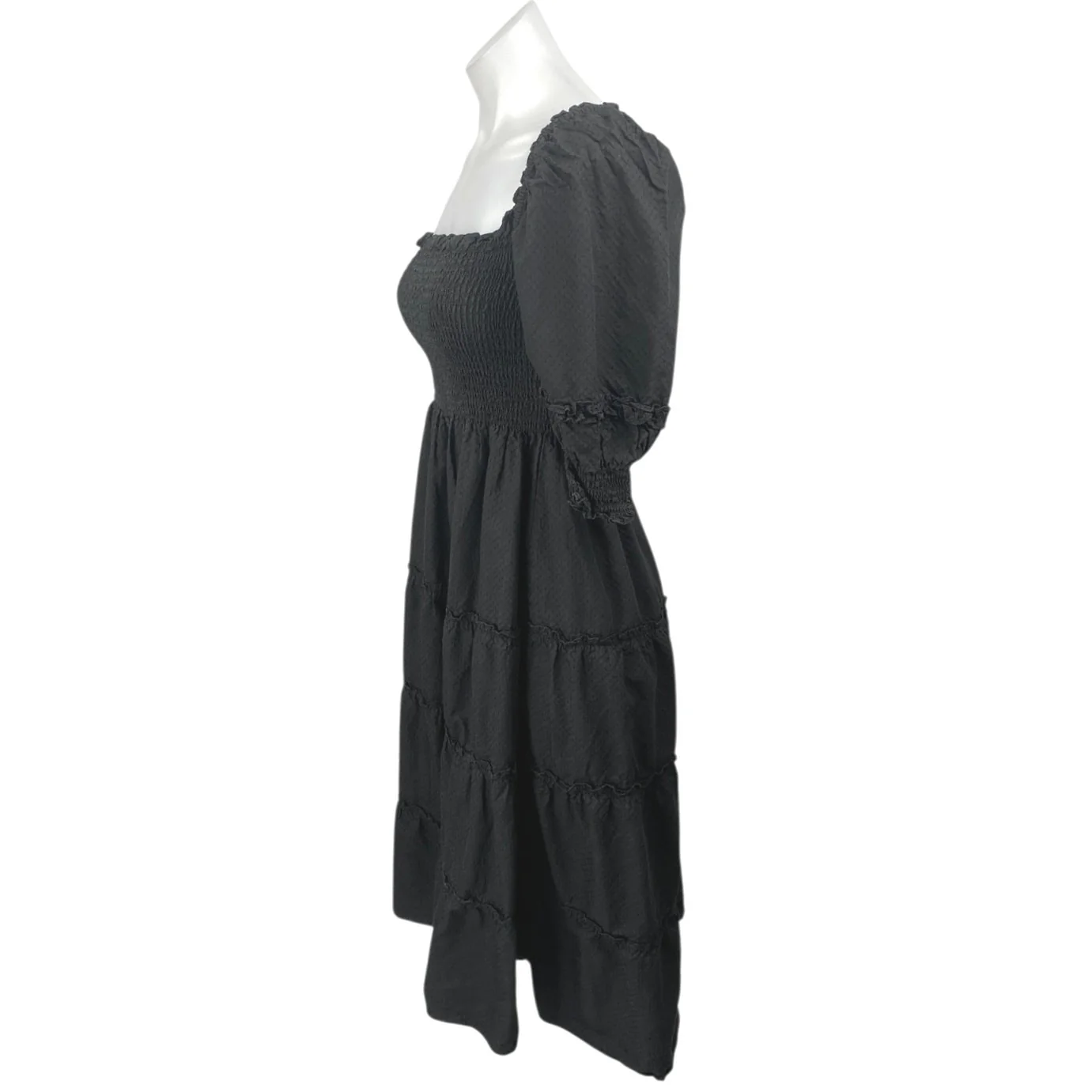 Hill House Home Nesli Black Puff Sleeve Smocked Tiered Midi A-Line Nap Dress XS - Image 3