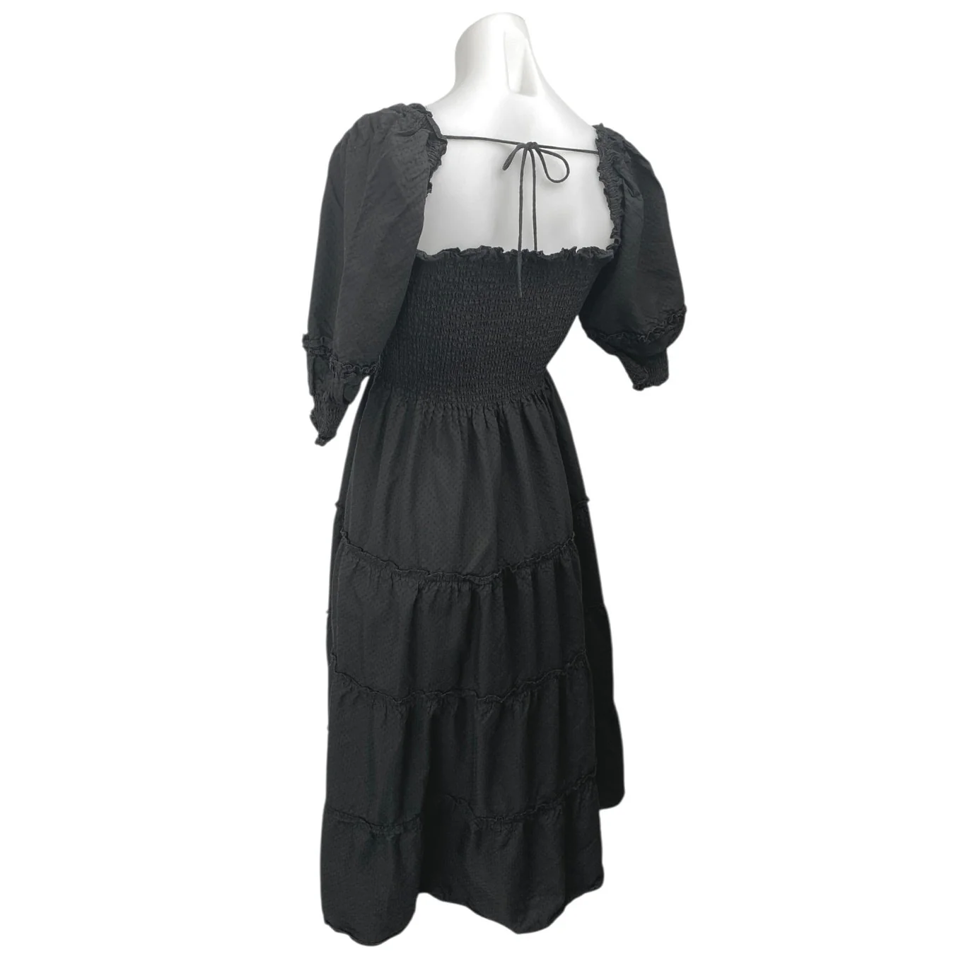 Hill House Home Nesli Black Puff Sleeve Smocked Tiered Midi A-Line Nap Dress XS - Image 4