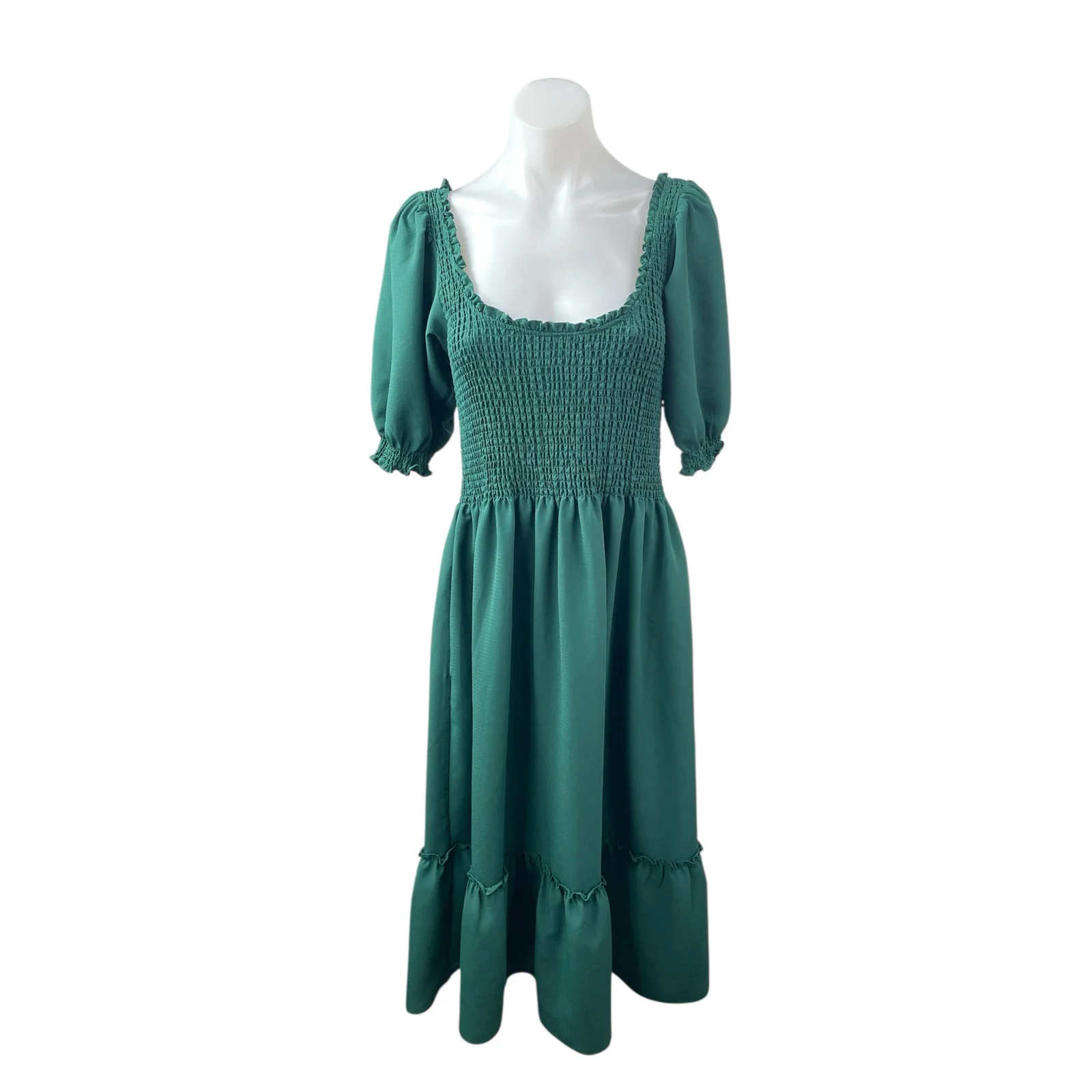 Hill House Home The Louisa Crepe Green Half Sleeve Smocked A Line Midi Dress M
