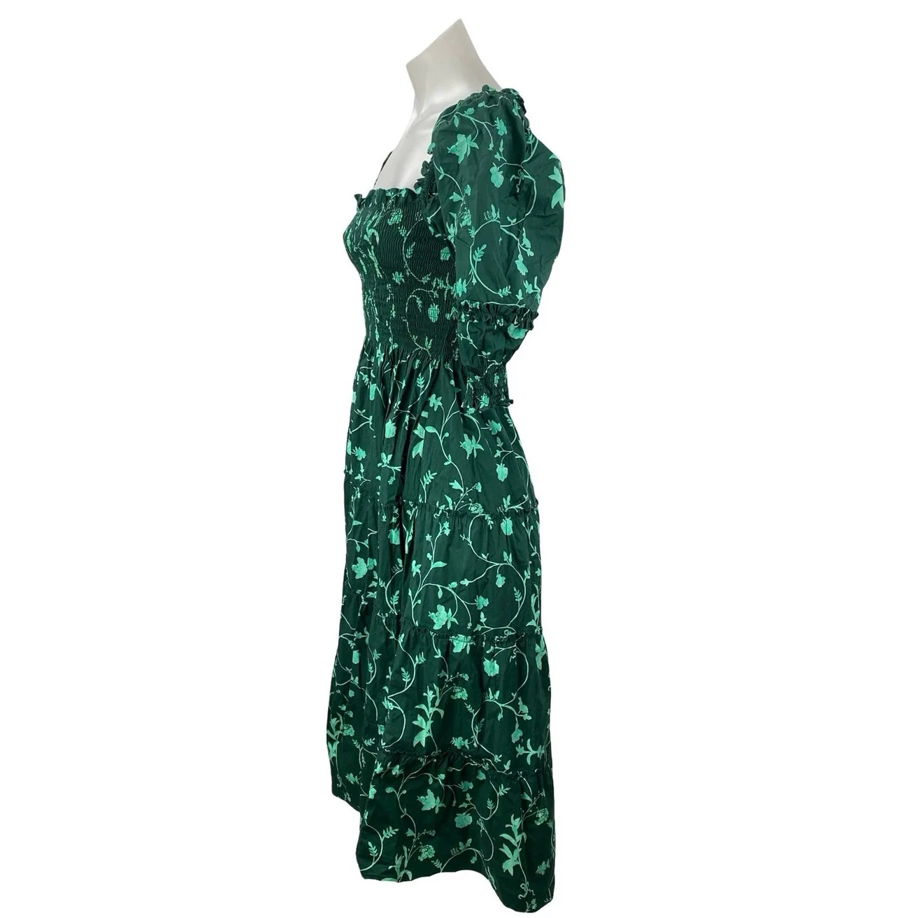 Hill House Nesli Green Botanical Smocked Tiered Midi Nap Flare A-Line Dress XXS - Image 2