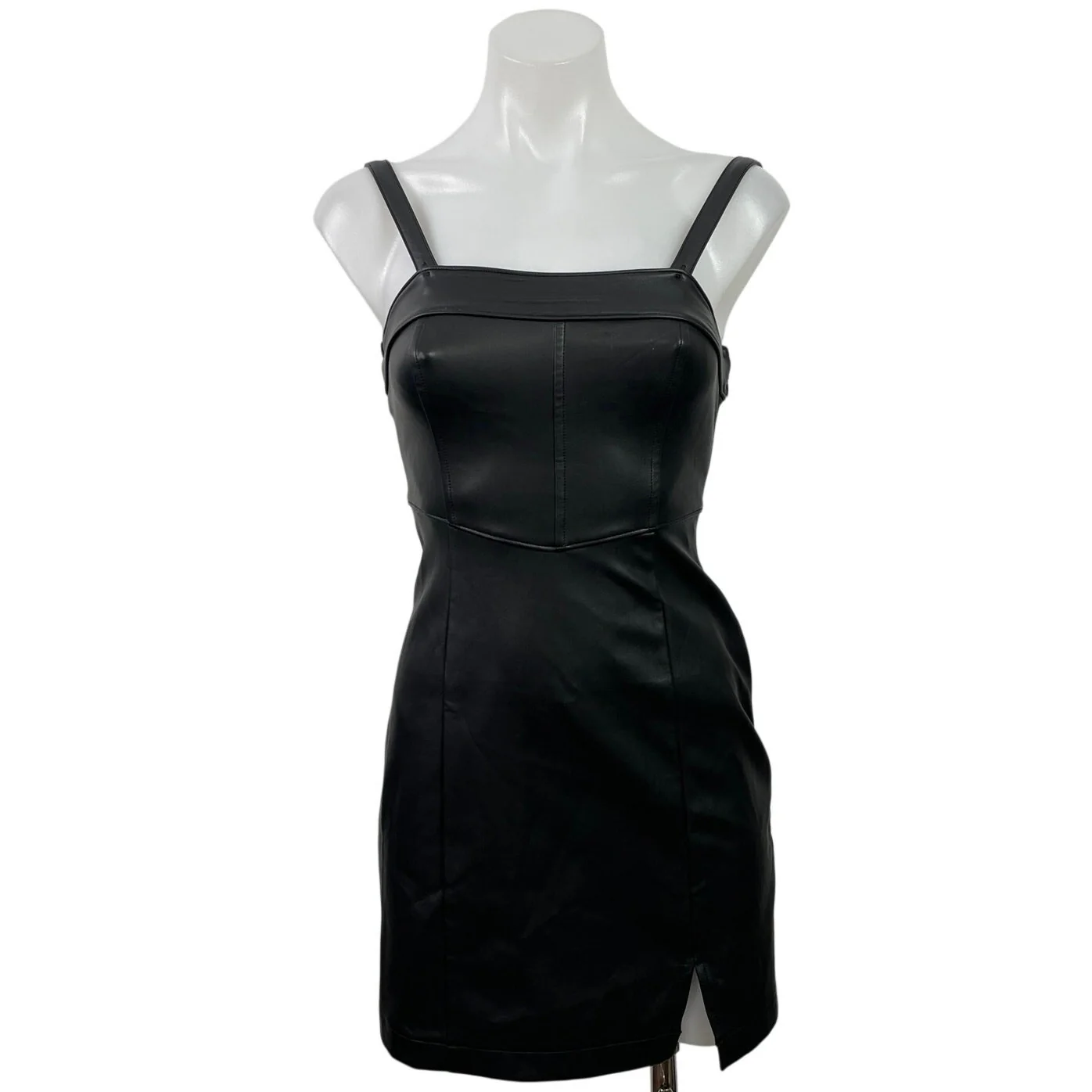 Hollister Black Faux Leather Vegan Sleeveless Slit Cami Mini Bodycon Dress XXS
