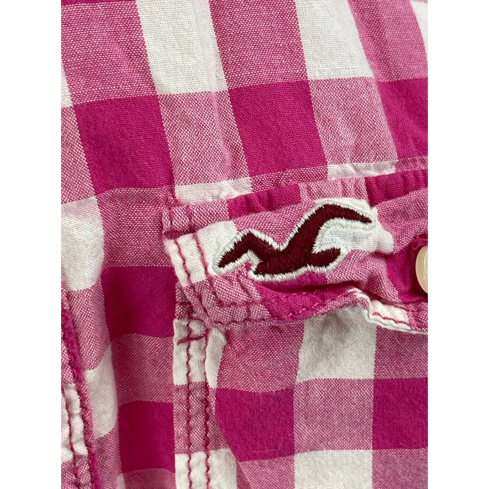 Hollister Women's Pink Gingham Checkered Long Sleeve Button Down Shirt Top Sz L - Image 3