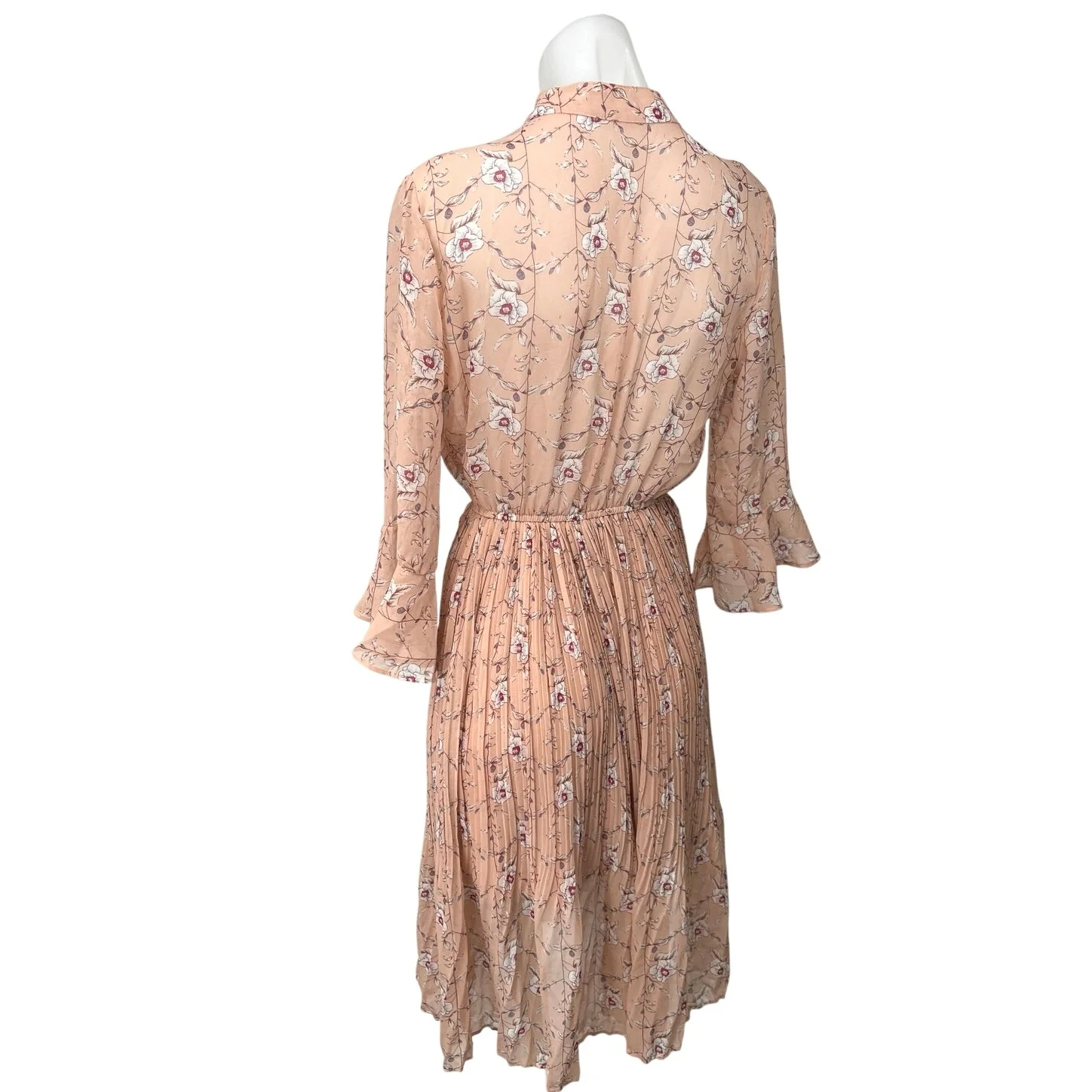 Homysu Women's Pink Floral Pleated 3/4 Sleeve Tie Neck A Line Midi Dress Size S - Image 2