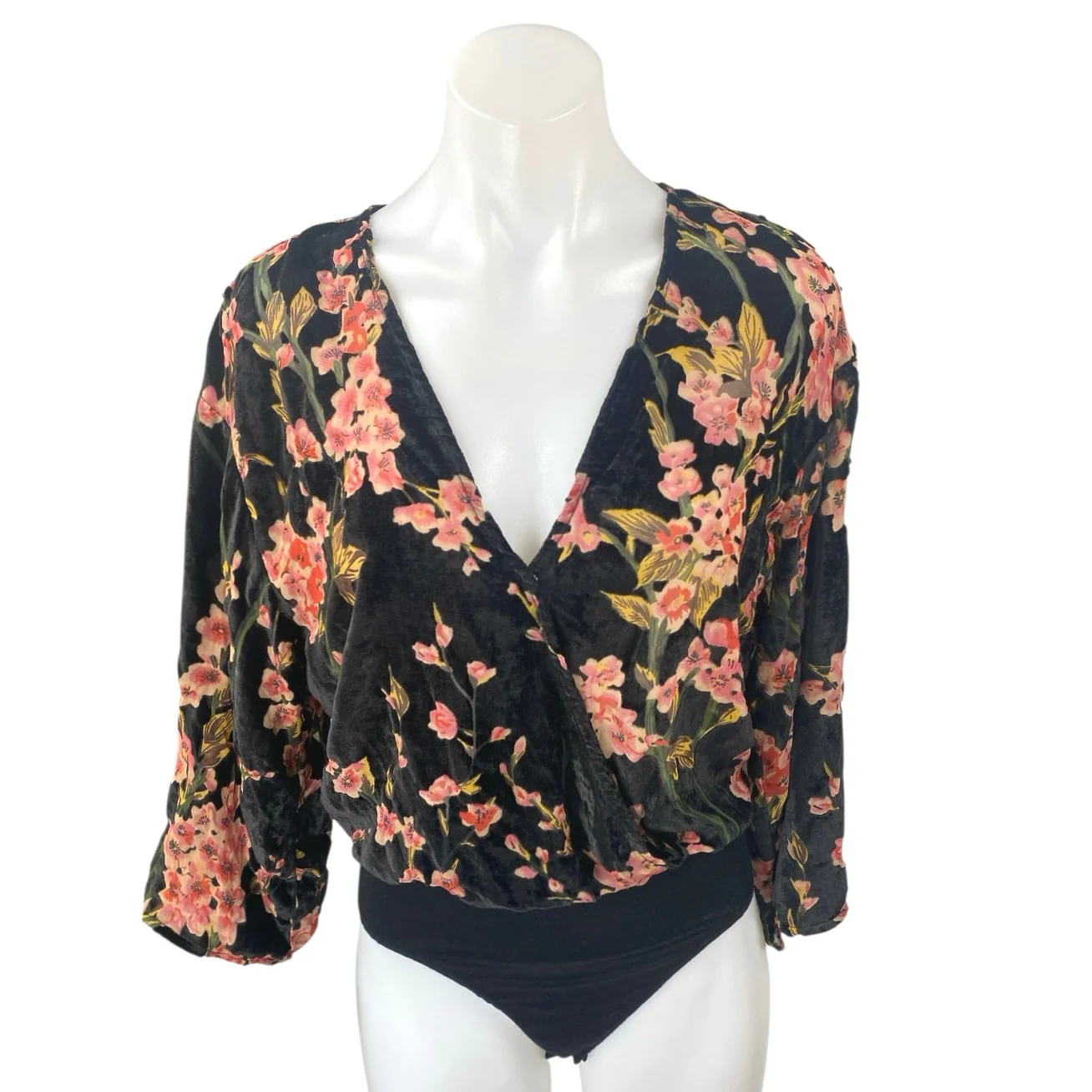 Honey Belle Multicolor Velvet Velour Floral Faux Wrap Long Sleeve Blouse Top M