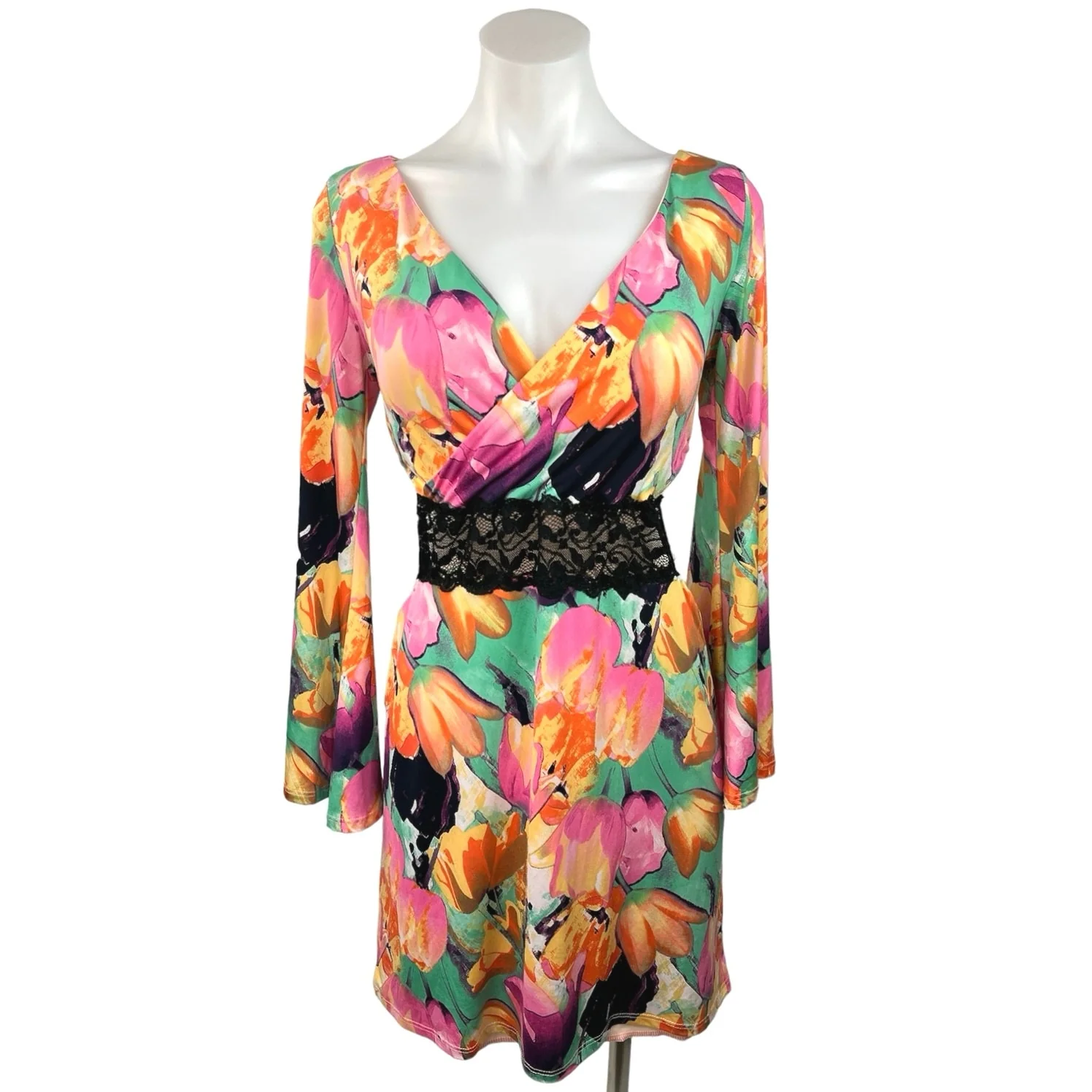 Honey Punch Multicolor V Neck Lace Cutout Waist Long Sleeve Mini Dress Size S