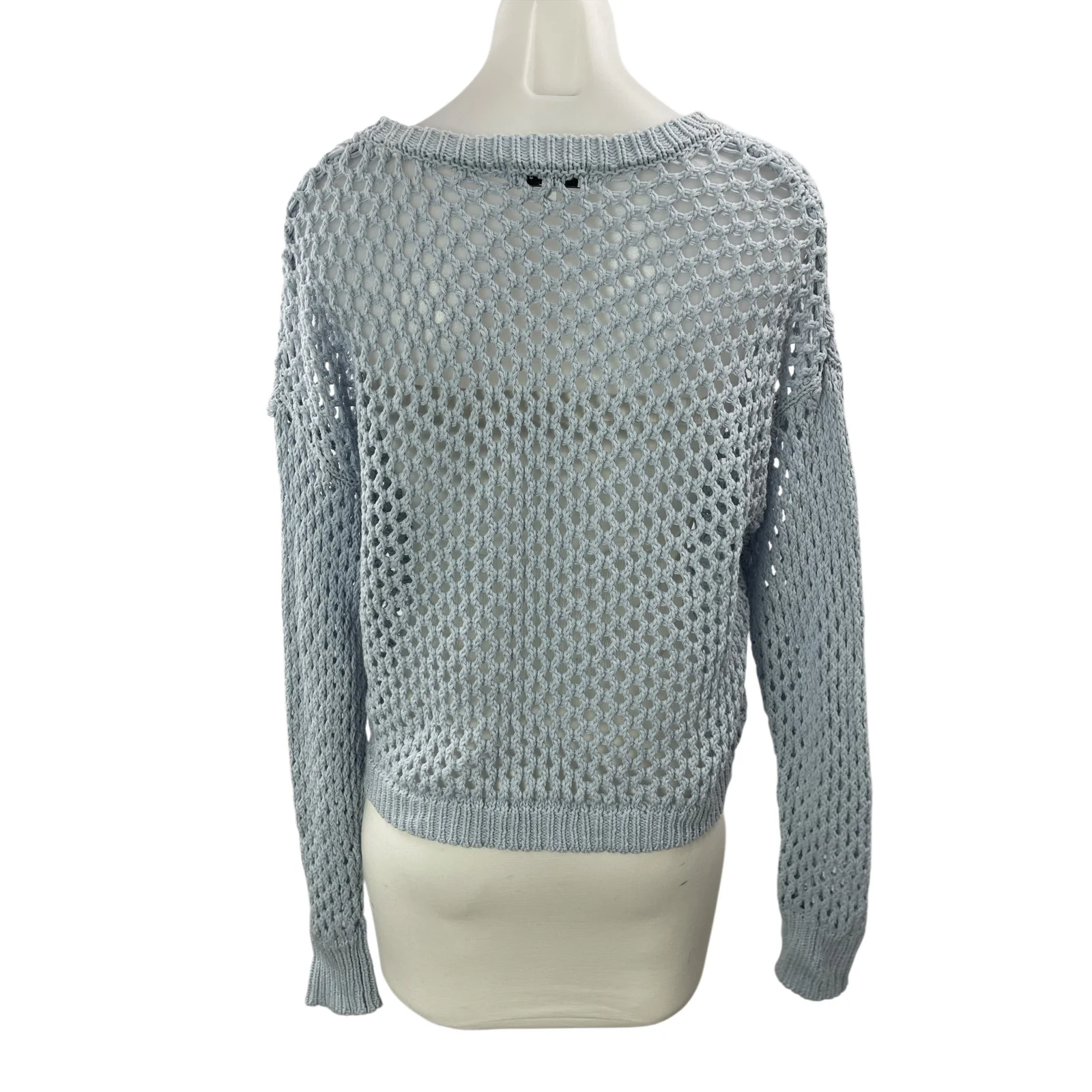 Hooked Up Women's Blue Gray Open Knit Crochet Long Sleeves Crop Sweater Top Sz S - Image 2
