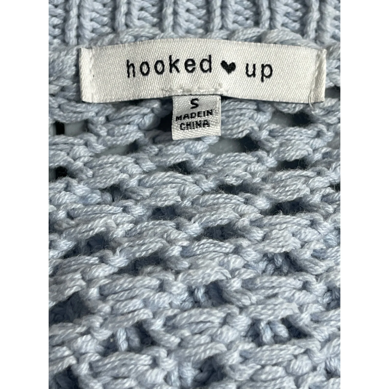 Hooked Up Women's Blue Gray Open Knit Crochet Long Sleeves Crop Sweater Top Sz S - Image 3