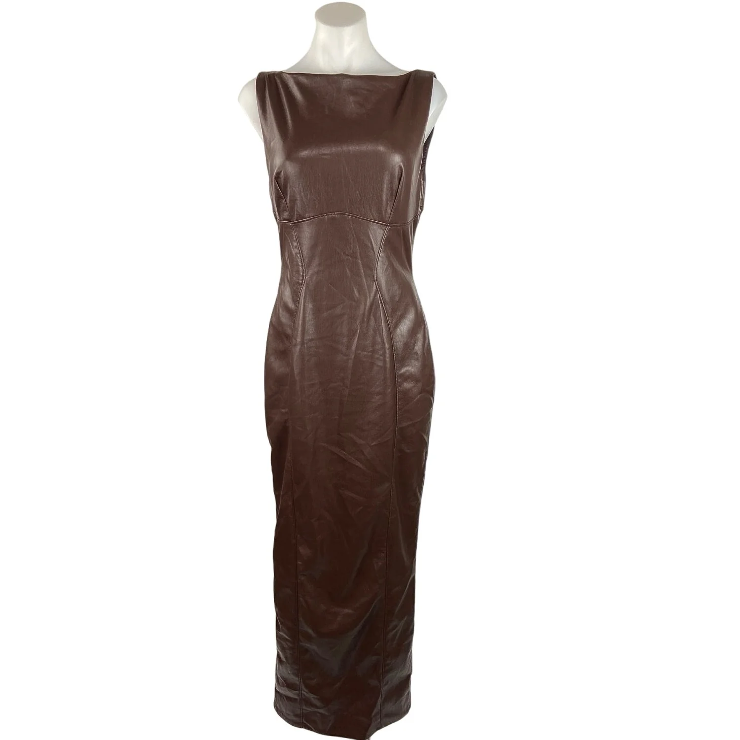House of CB Brown Sahara Vegan Leather Sleeveless Back Slit Maxi Bodycon Dress M