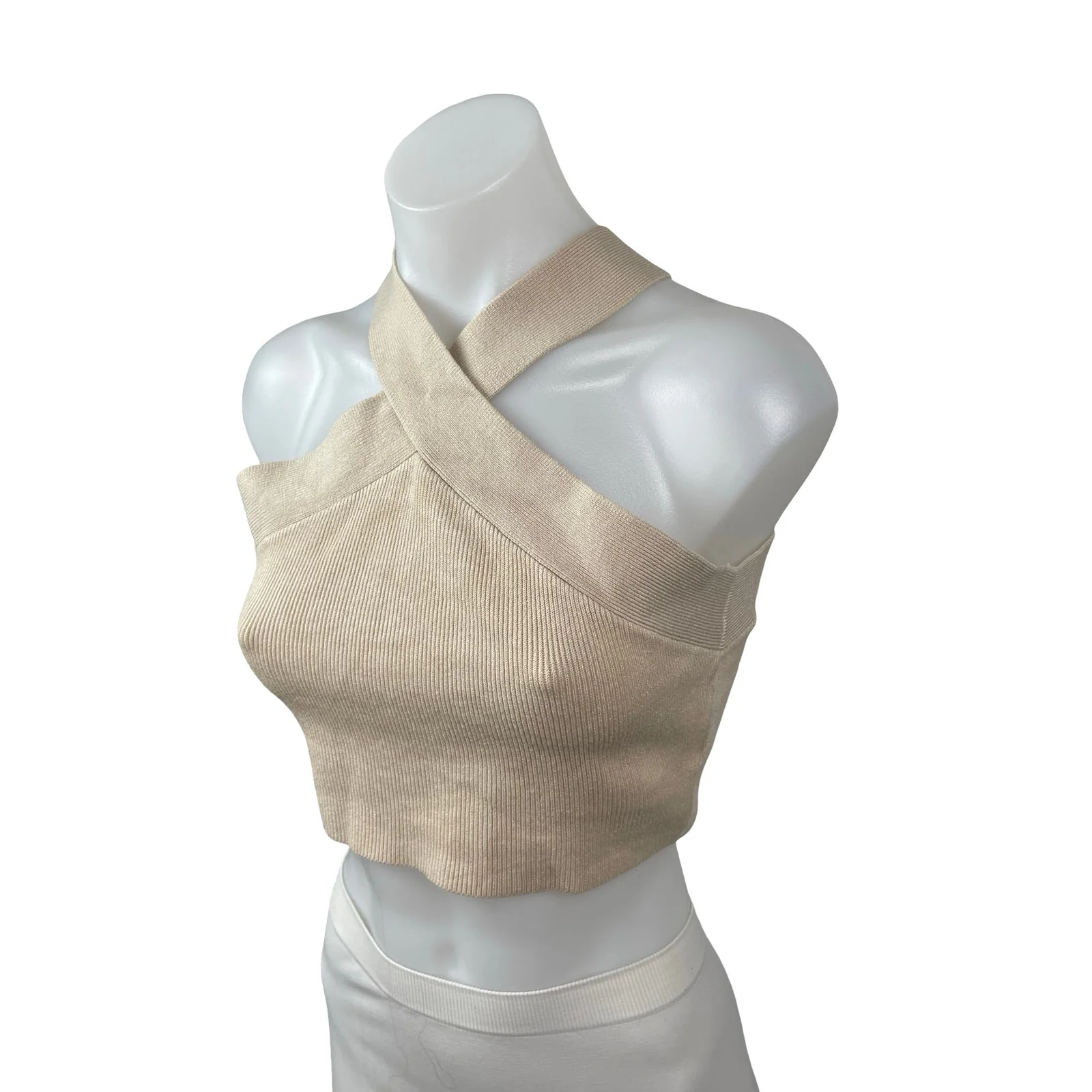 House of Harlow 1960 Cream Beige Cross Halter Sleeveless Knit Crop Top Size M - Image 2
