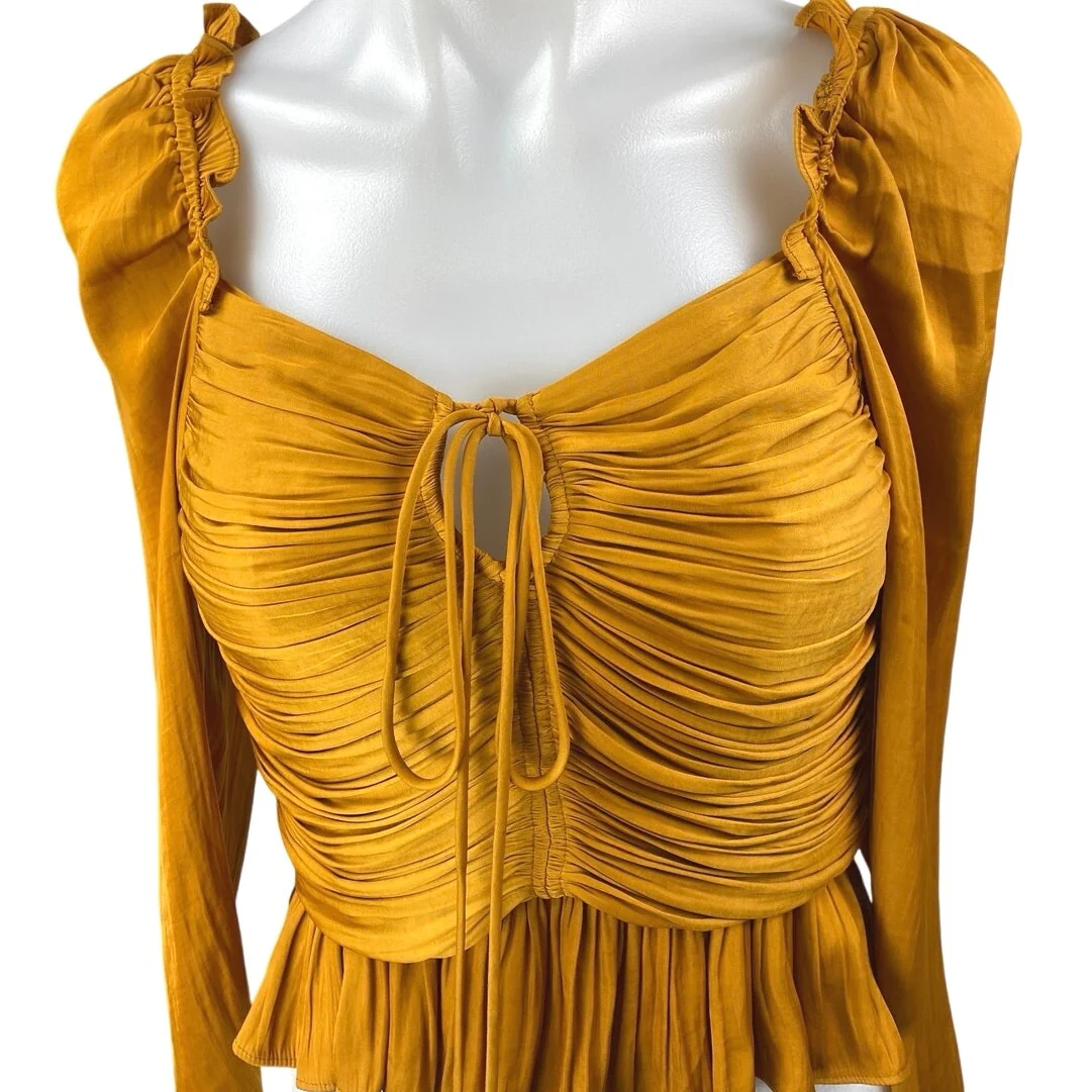 House Of Harlow 1960 Gold Satin Ruched Long Sleeve Peplum Crop Blouse Top Sz XS - Image 6