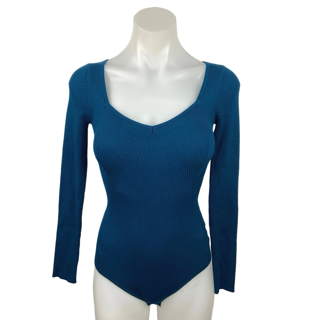 House of Harlow 1960 NWT Ribbed Knit Diamond Neck Long Sleeve Bodysuit Top Sz XS