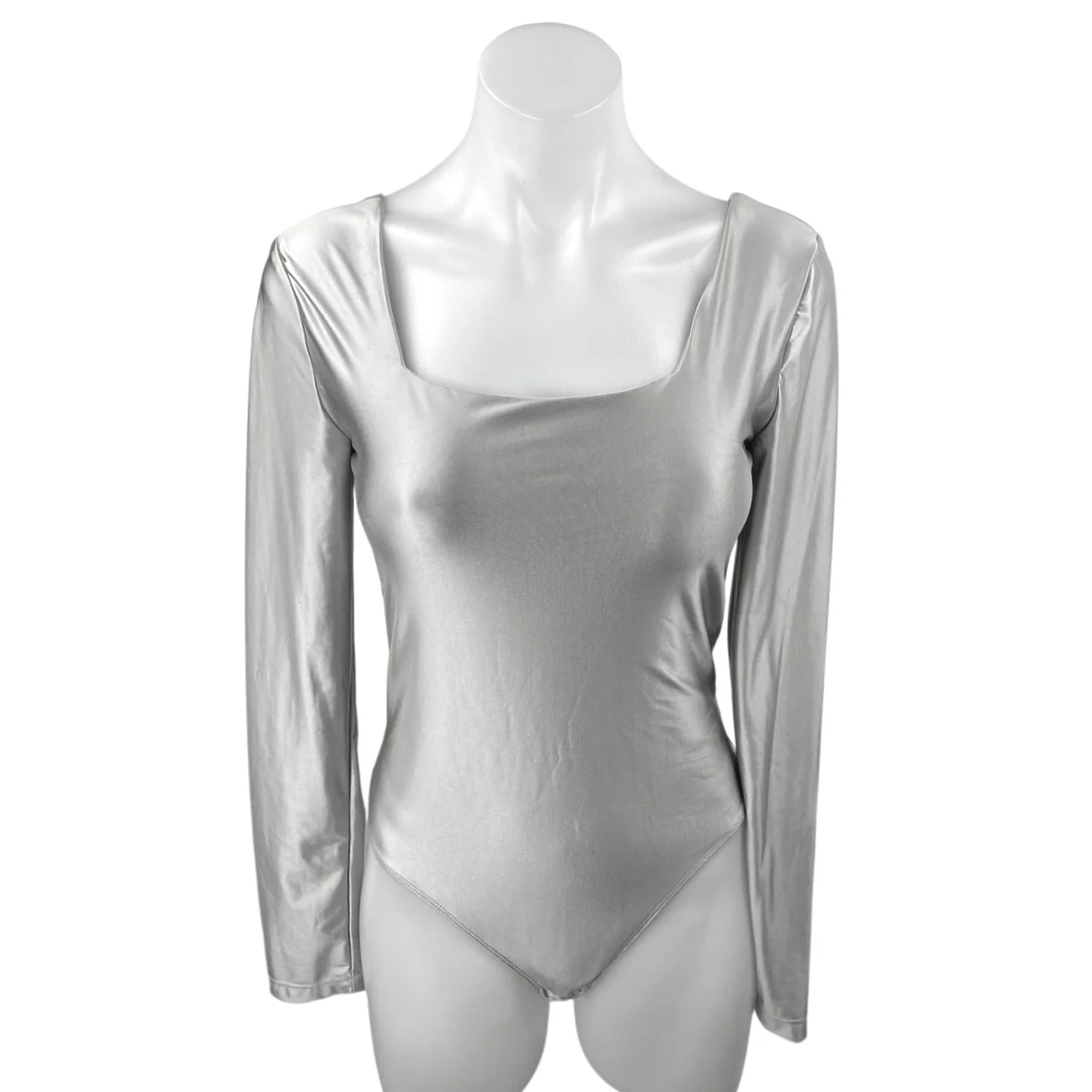 House of Harlow 1960 Silver Metallic Square Neck Long Sleeve Bodysuit Top Size S