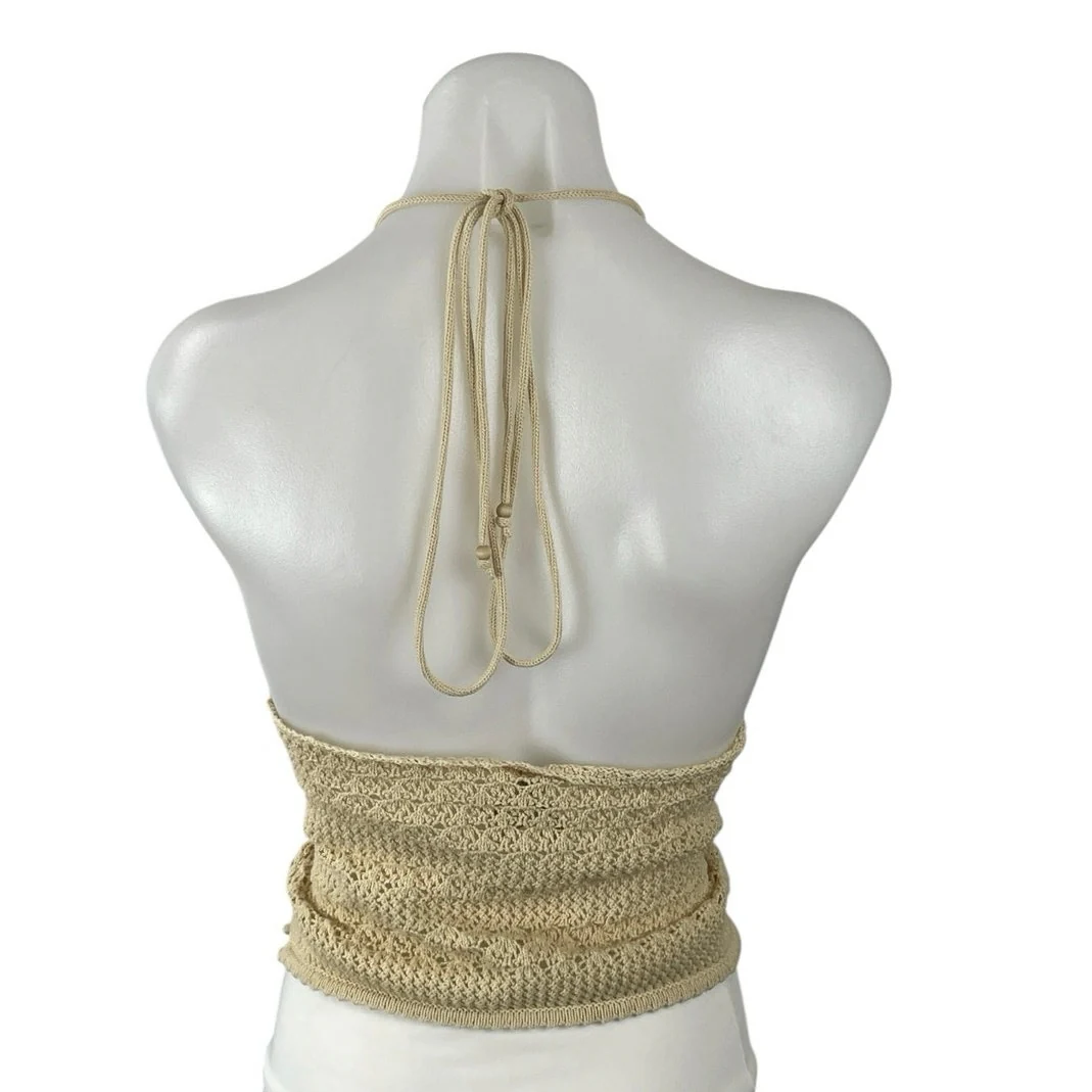 House of Harlow 1960 Womens Cream Crochet Halter Sleeveless Crop Cami Tank Top S - Image 3