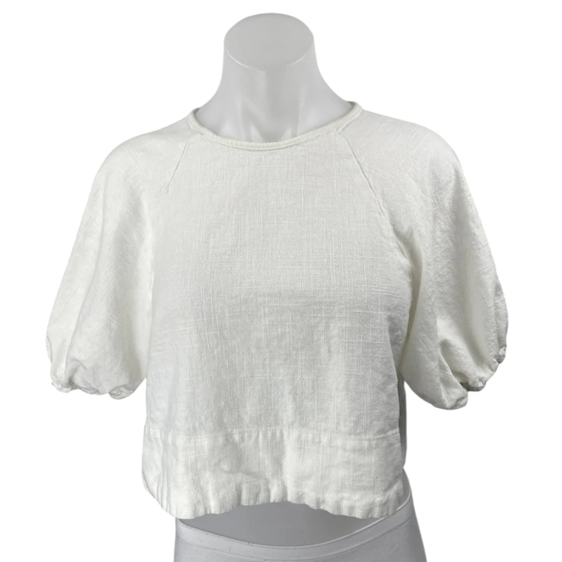 House Of Harlow 1960 Women's White Linen Short Puff Sleeve Crop Blouse Top Sz S