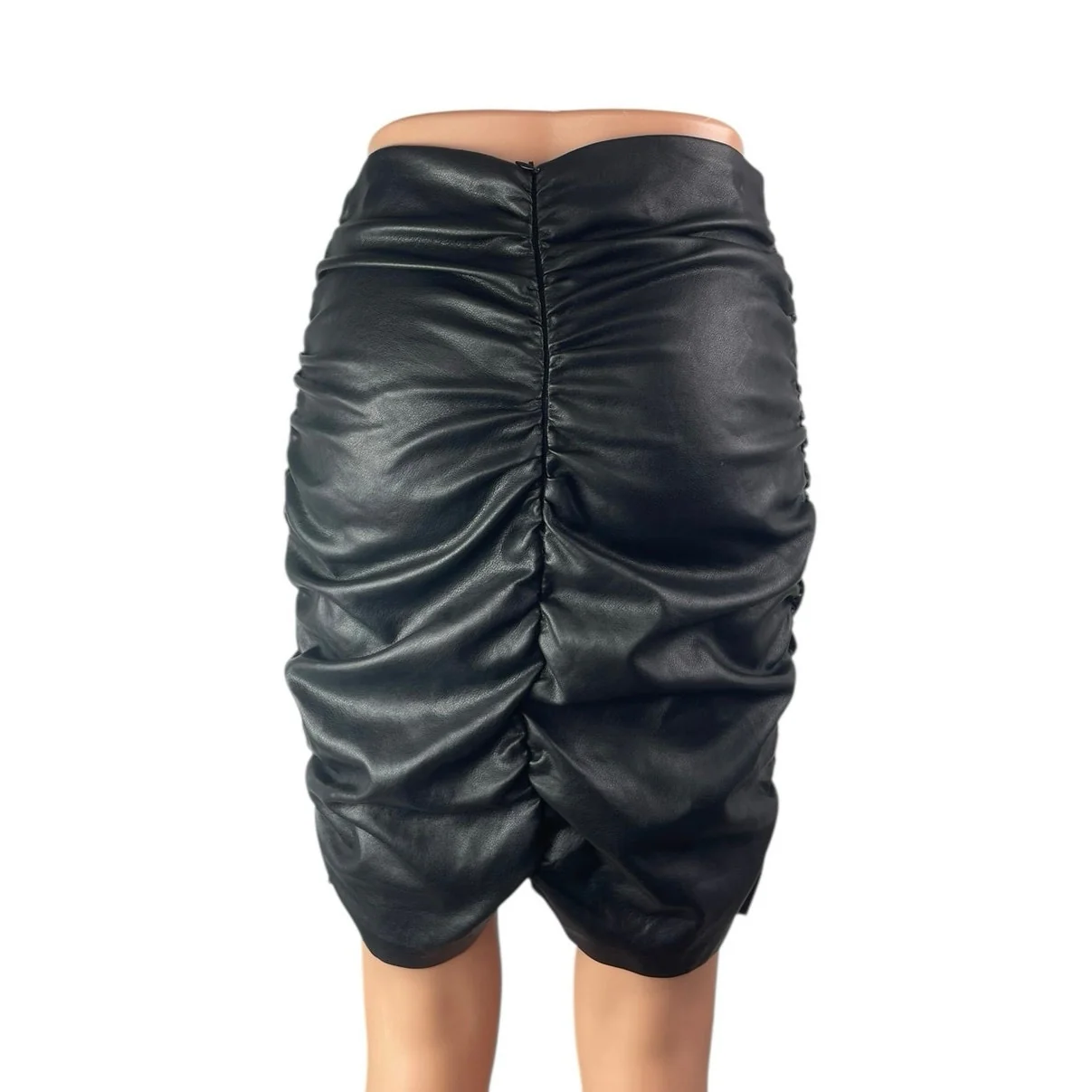 Hyfve Women's Black Faux Leather Vegan High Waist Ruched Pencil Mini Skirt Sz S - Image 2