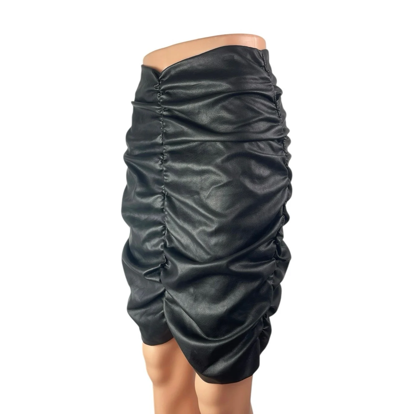 Hyfve Women's Black Faux Leather Vegan High Waist Ruched Pencil Mini Skirt Sz S - Image 3