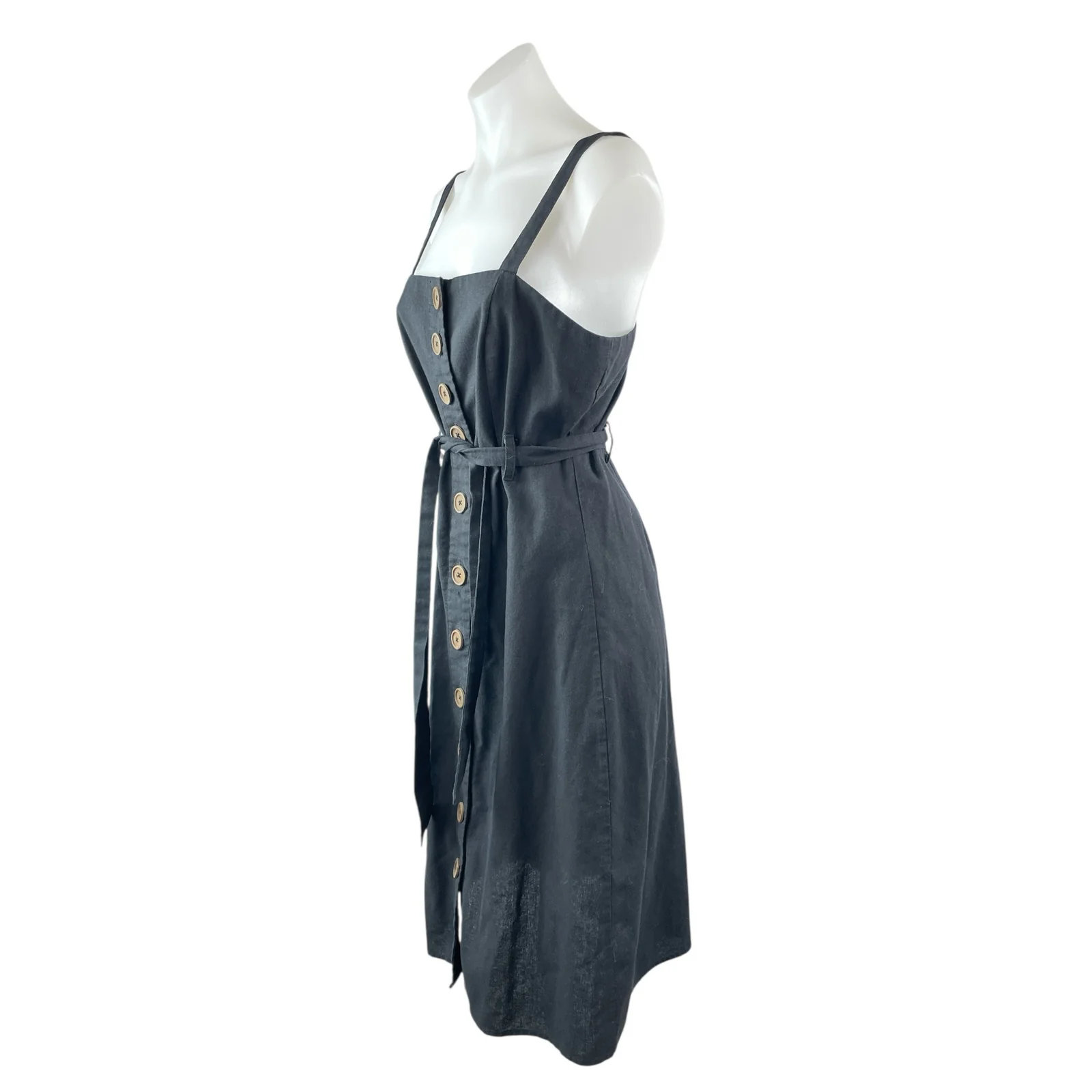 Hyfve Womens Black Linen Sleeveless Button Down Tie Waist A Line Midi Dress Sz M - Image 3