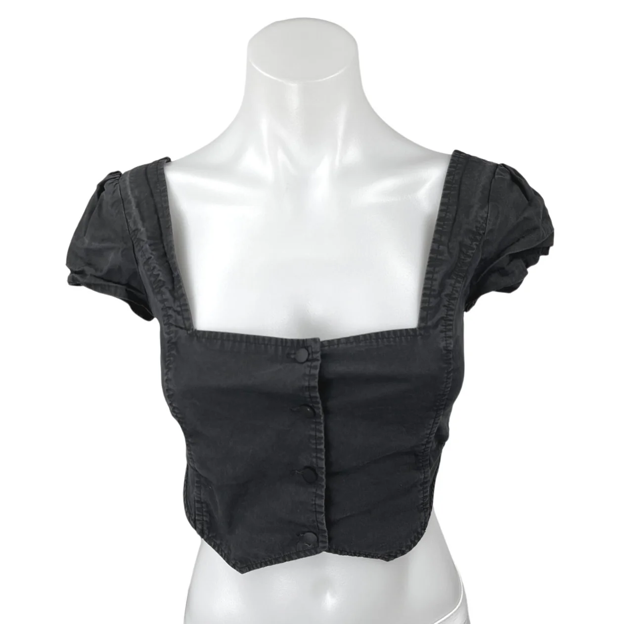 I.AM.GIA Black Short Sleeve Button Down Smocked Denim Jean Crop Top Size S