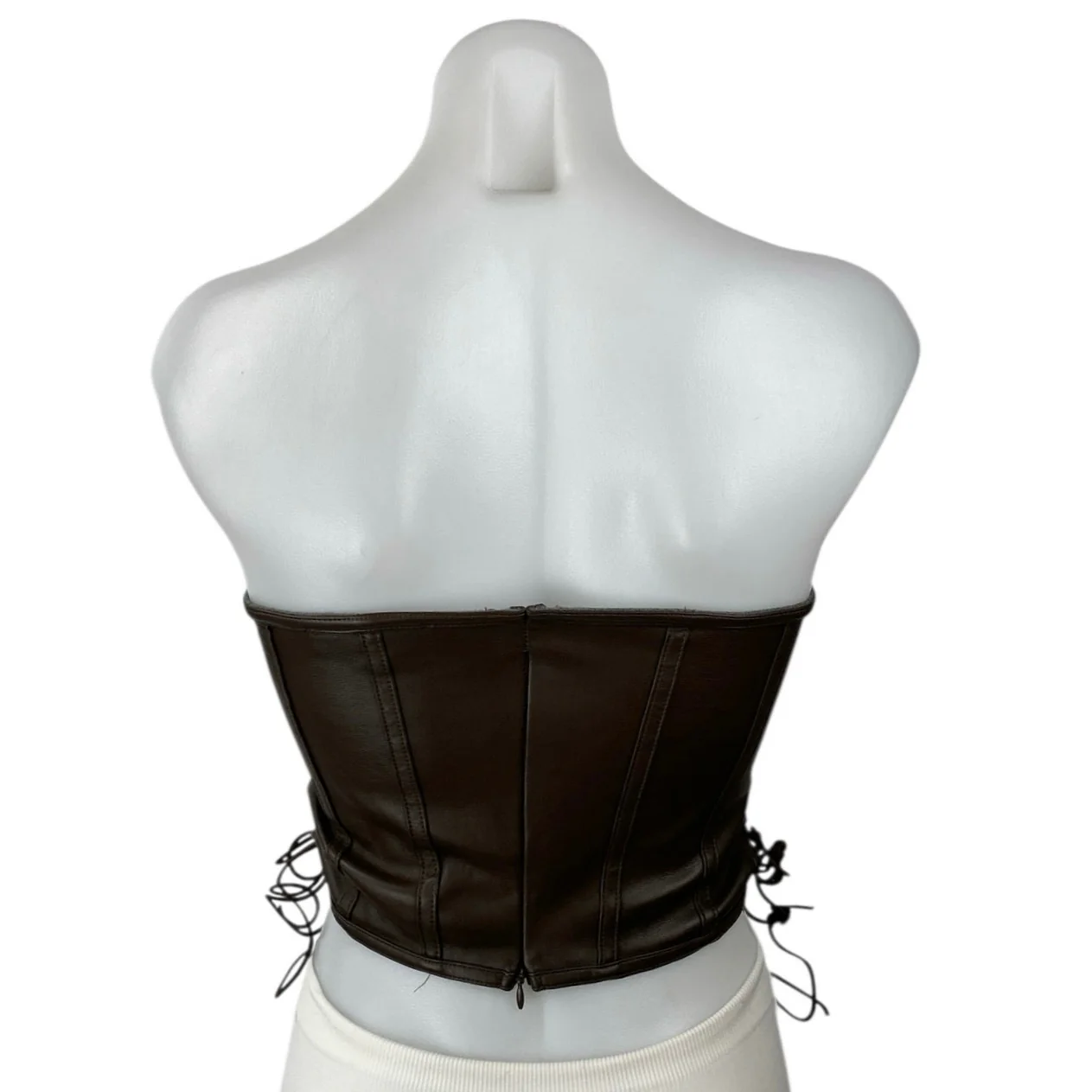 I.AM.GIA Brown Faux Leather Vegan Sweetheart Strapless Side Lace Up Crop Top M - Image 2