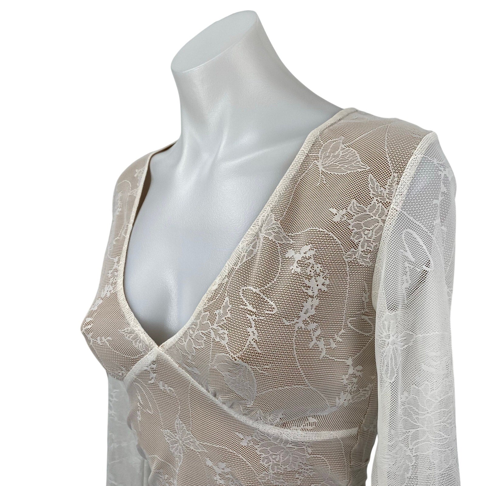 I.AM.GIA Yvette White Beige Floral Lace Layered Long Sleeve V Neck Blouse Top S - Image 2