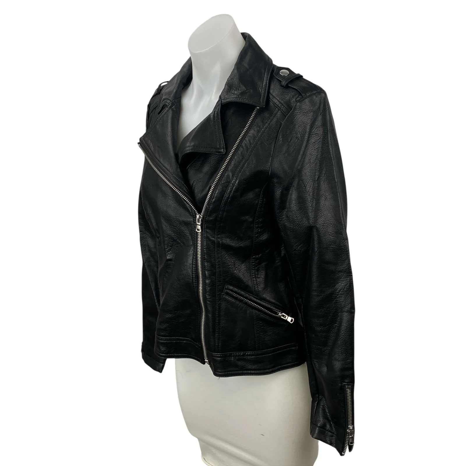 INC International Concepts Womens Black Faux Leather Moto Biker Coat Jacket Sz S - Image 3
