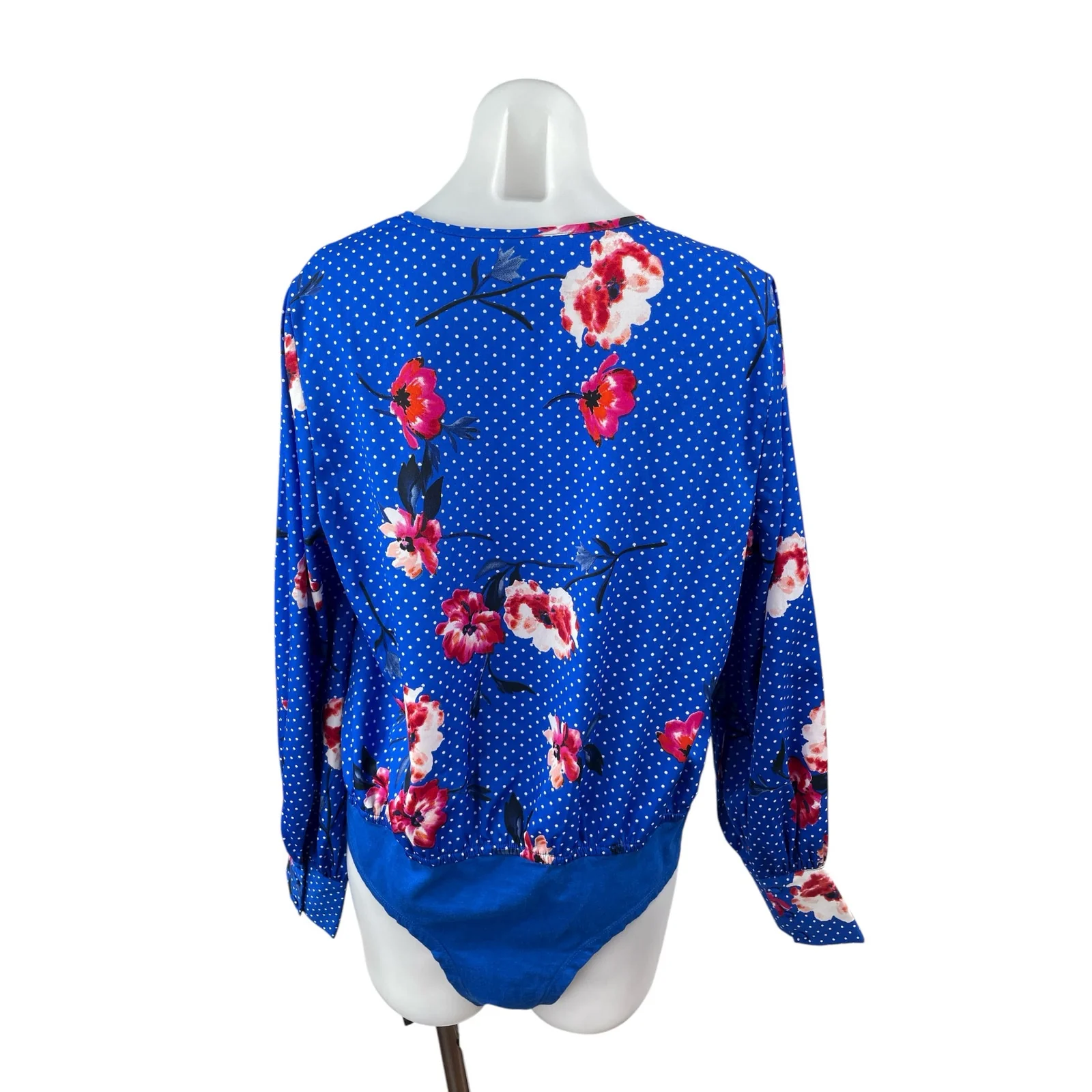 Influence Women's Blue Floral Polka Dots Long Sleeve Faux Wrap Bodysuit Top 12 - Image 3