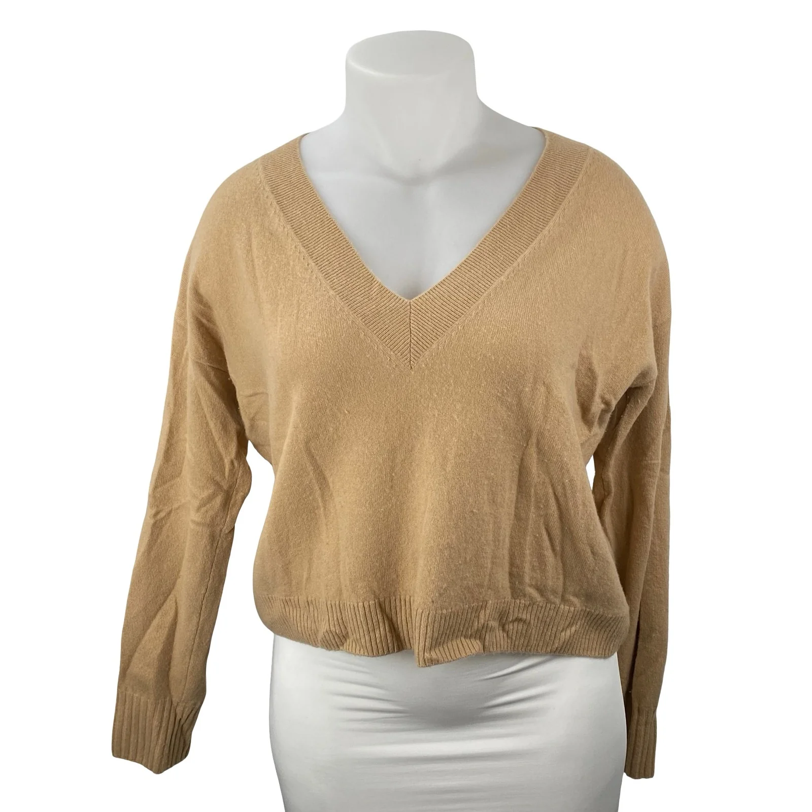 Intermix Elroy 100% Cashmere Women's Beige V Neck Long Sleeve Crop Sweater Top L