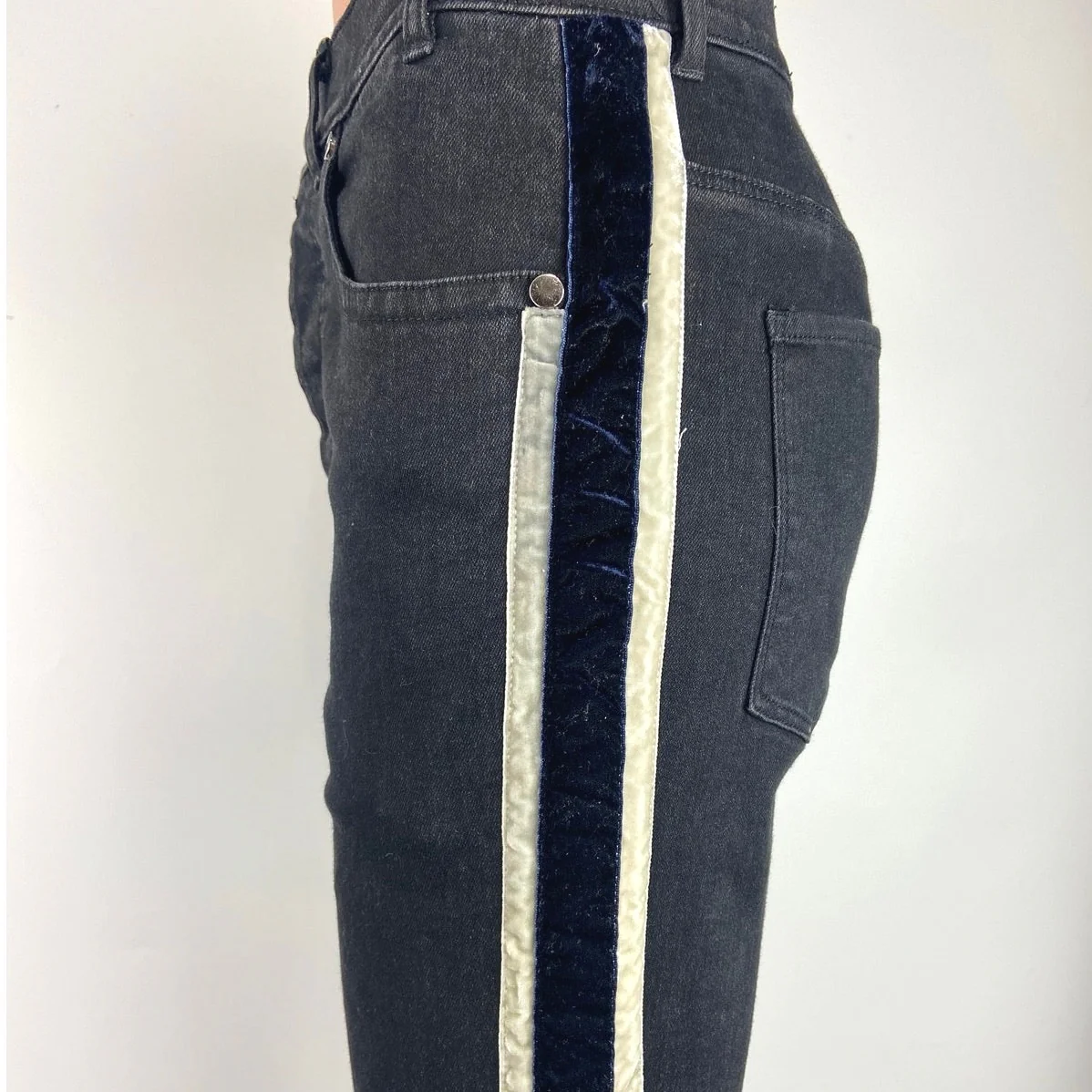Introspection Black Velvet Side Stripe High Rise Zip Fly Skinny Jeans Size 30 - Image 5