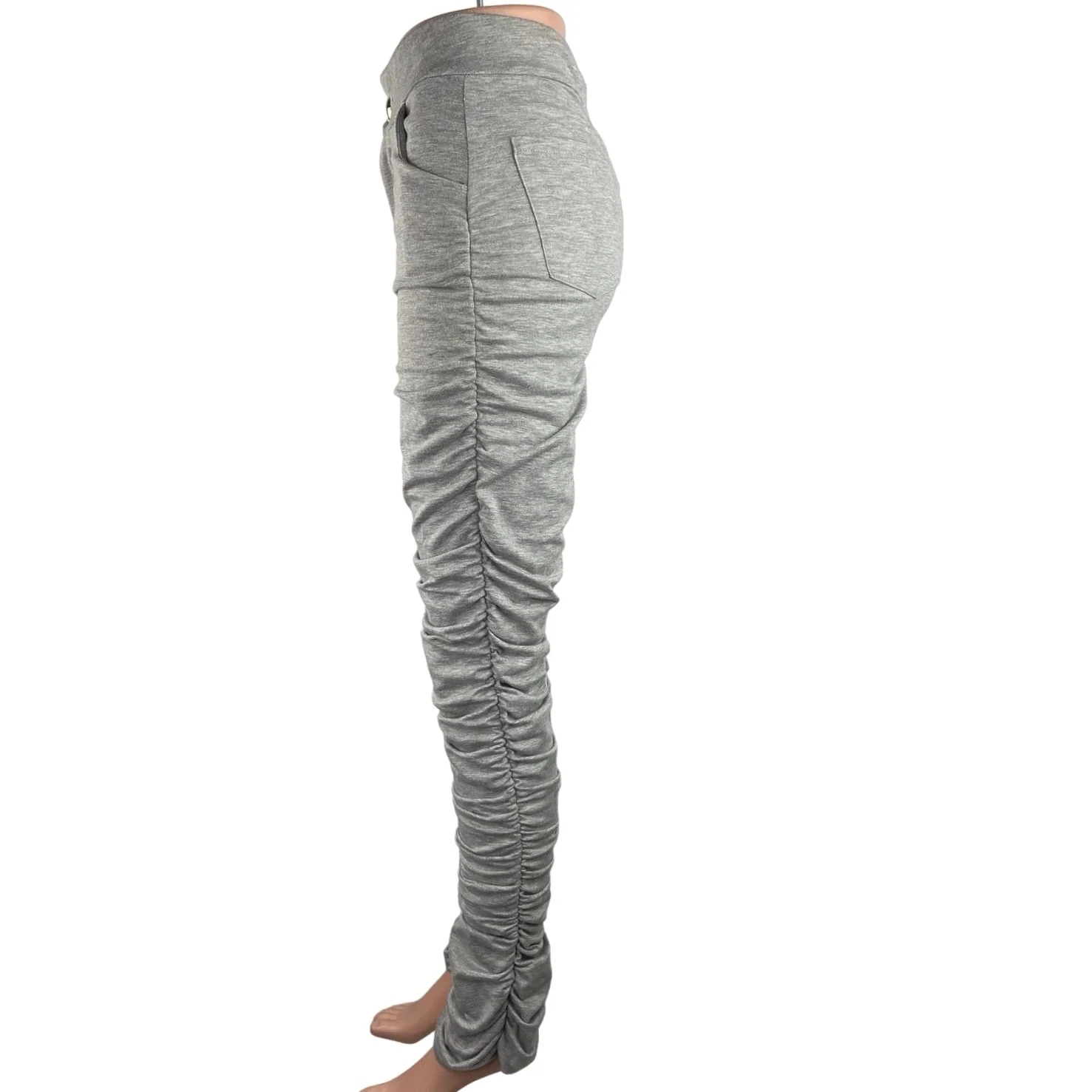 Irregular Exposure Gray Ruched Split Hem Skinny Leg Pockets Sweat Casual Pants S - Image 2