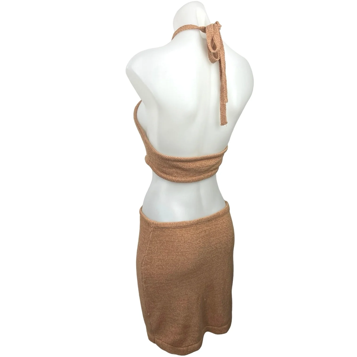 Isalis Women's Beige Halter Neck Sleeveless Knitted Mini Bodycon Dress Size S - Image 2