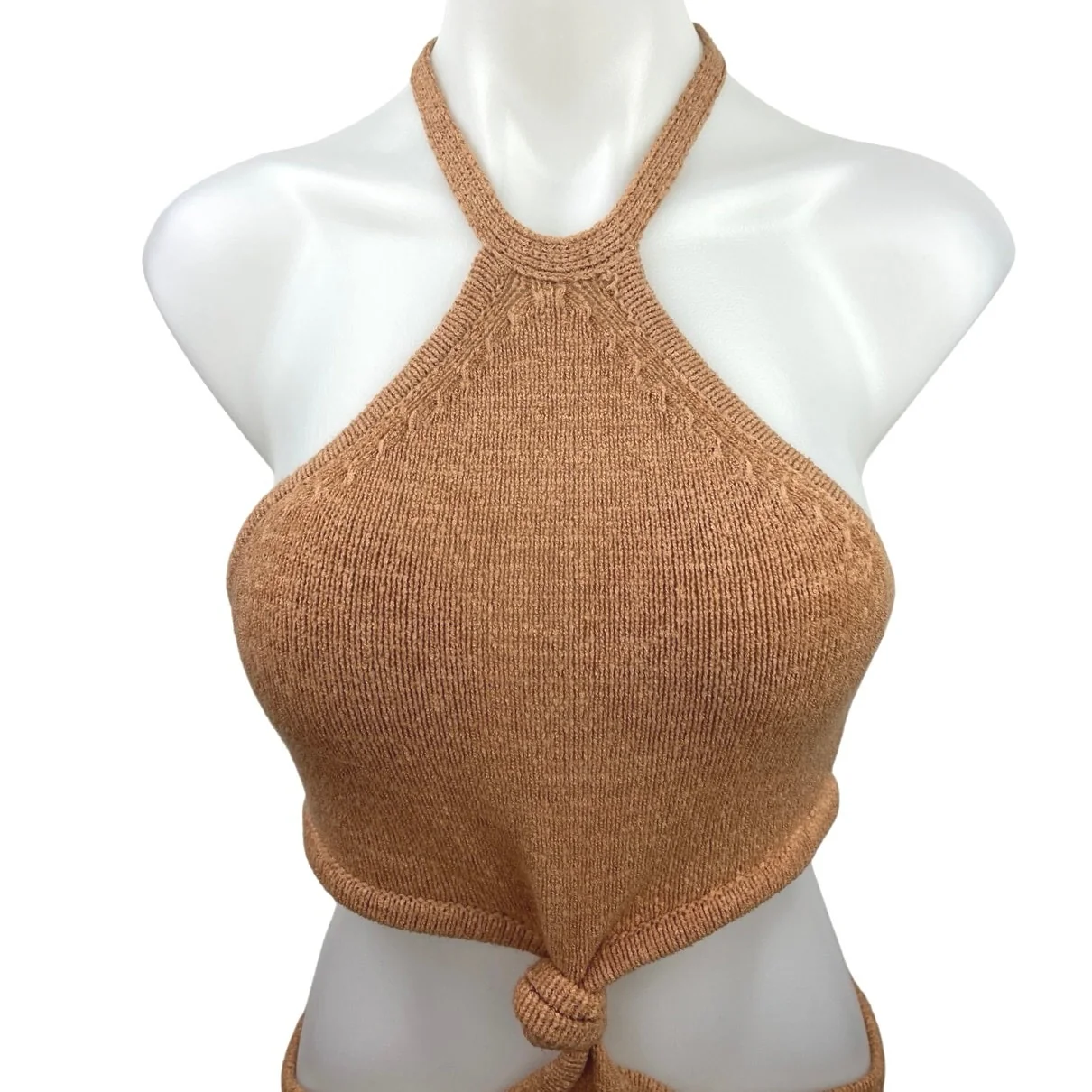Isalis Women's Beige Halter Neck Sleeveless Knitted Mini Bodycon Dress Size S - Image 3