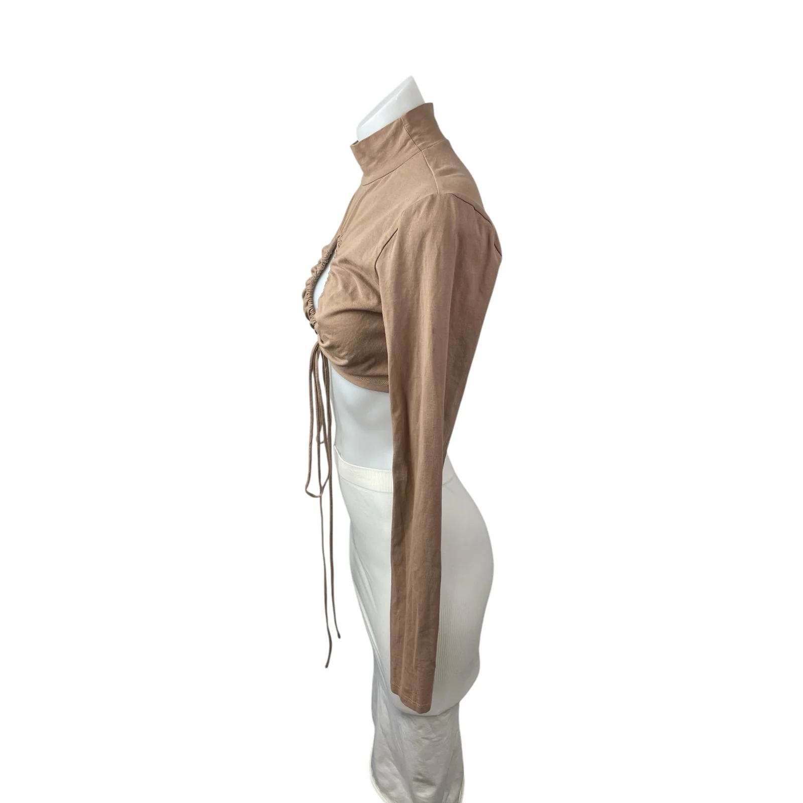 Isalis Womens Brown Tan Cutout Ruched Tie Keyhole Knot Mock Neck Crop Top Size M - Image 2