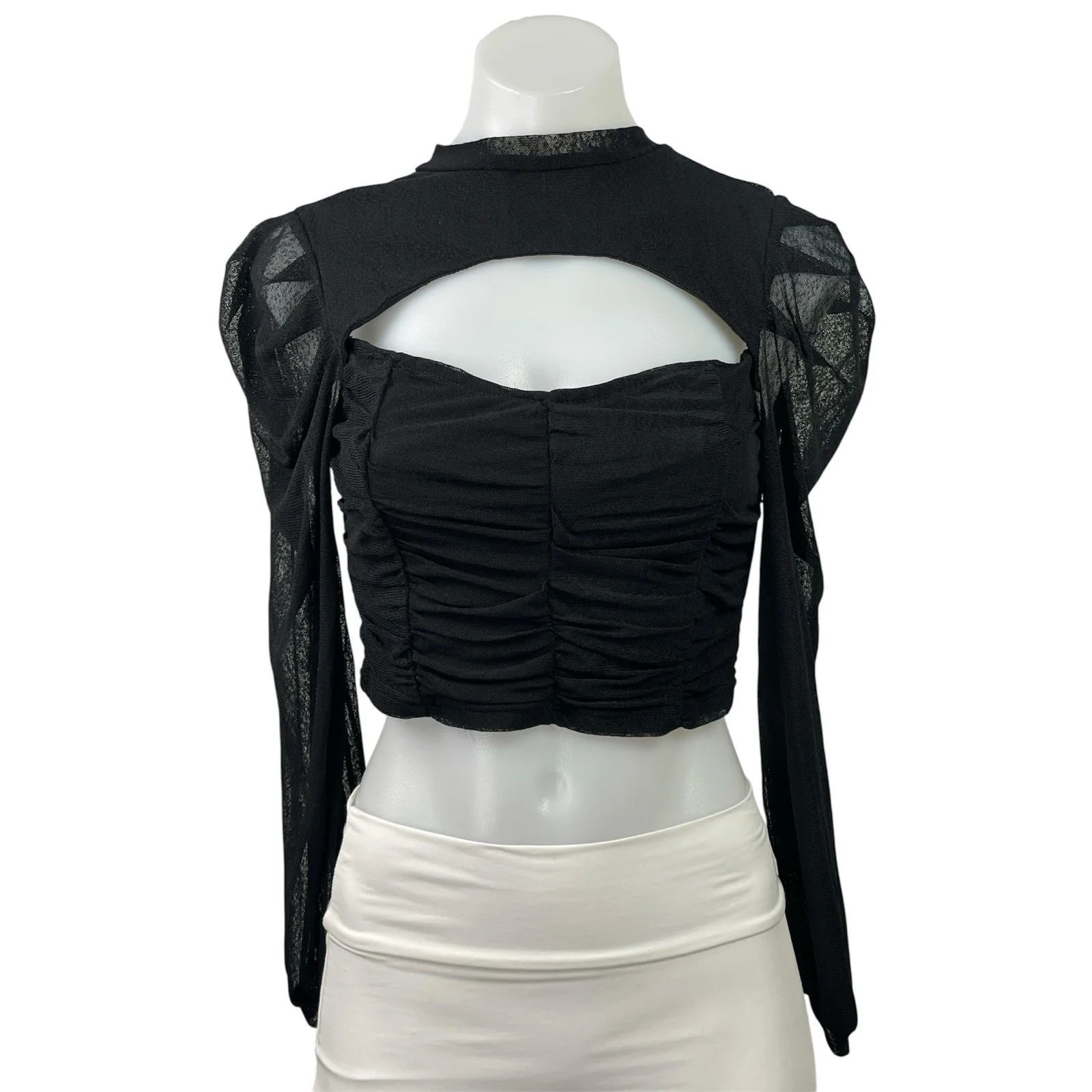 It's Pink Women's Black Ruched Cutout Lace Long Sleeve Crop Blouse Top Size M