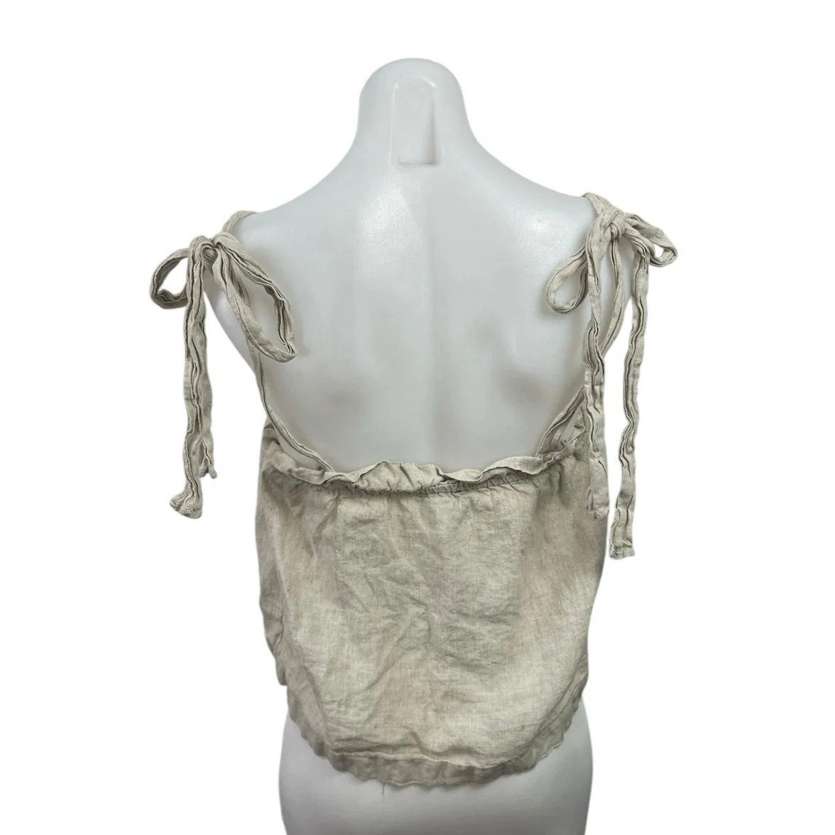 J.Crew Beige 100% Linen Tie Strap Sleeveless Ruffle Cami Camisole Tank Top Sz M - Image 3