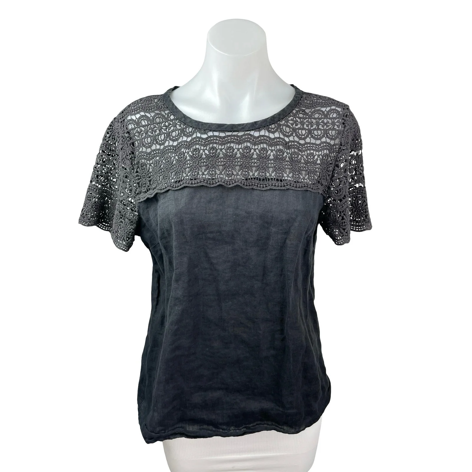 J.Crew Black 100% Linen Lace Crochet Short Sleeve Round Neck Blouse Top Size 6