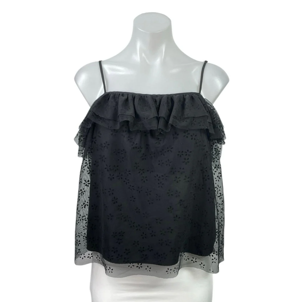 J.Crew Black Sleeveless Embroidered Floral Cami Ruffle Tiered Blouse Top Size S