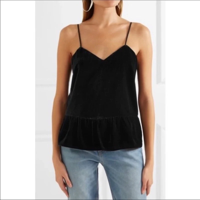 J.Crew Black Velvet Velour Sleeveless V Neck Ruffle Cami Camisole Tank Top Sz 8 - Image 3