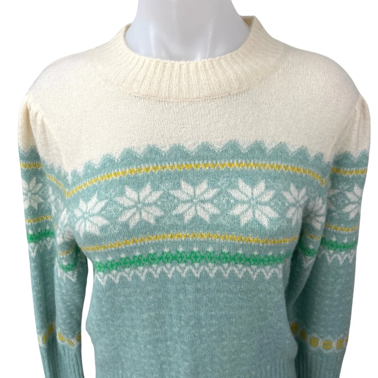 J.Crew Cream Blue Fair Isle Ribbed Knit Crew Neck Pullover Sweater Top Size M - Image 3