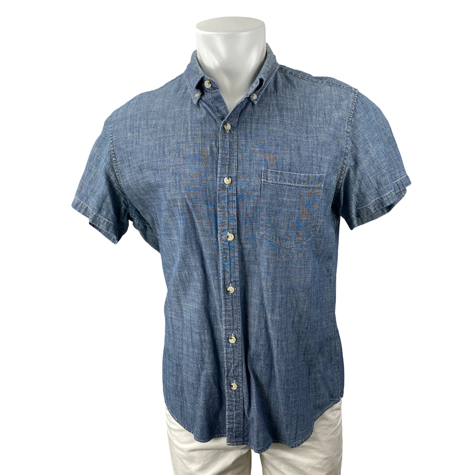 J.Crew Men's Blue Chambray Denim Jean Pocket Short Sleeve Button Up Shirt Top L