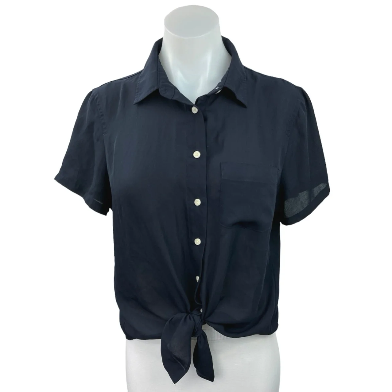 J.Crew Mercantile Navy Blue Bow Tie Knot Button Down Short Sleeve Crop Top Sz M