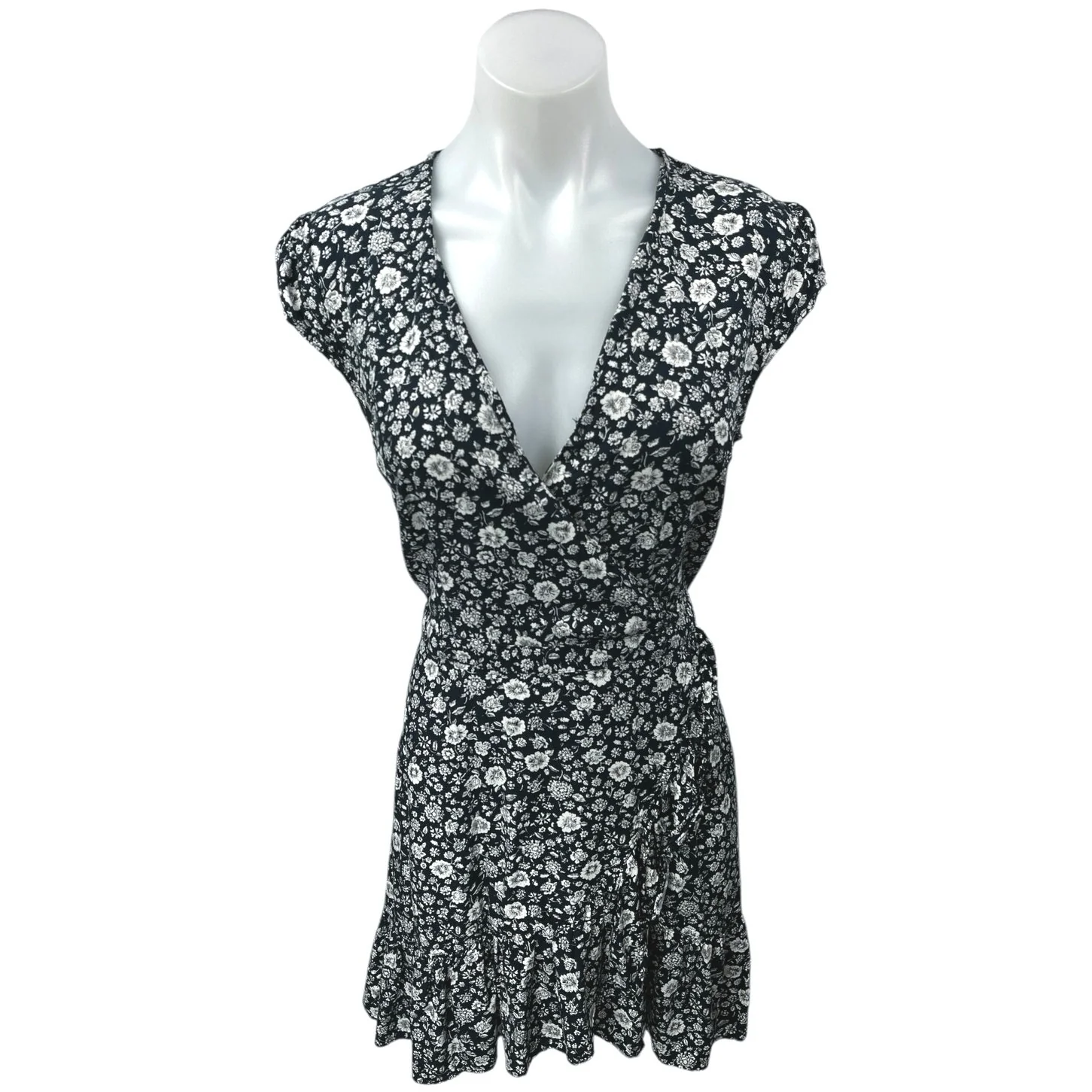 J.Crew Navy Blue Floral Ruffle Faux Wrap V-Neck Short Sleeve Mini A-Line Dress 4