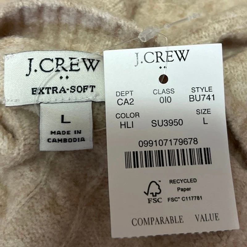 J.Crew NWT Tan Extra Soft Wool Blend Cable Knit Mock Neck Pullover Sweater Sz L - Image 3