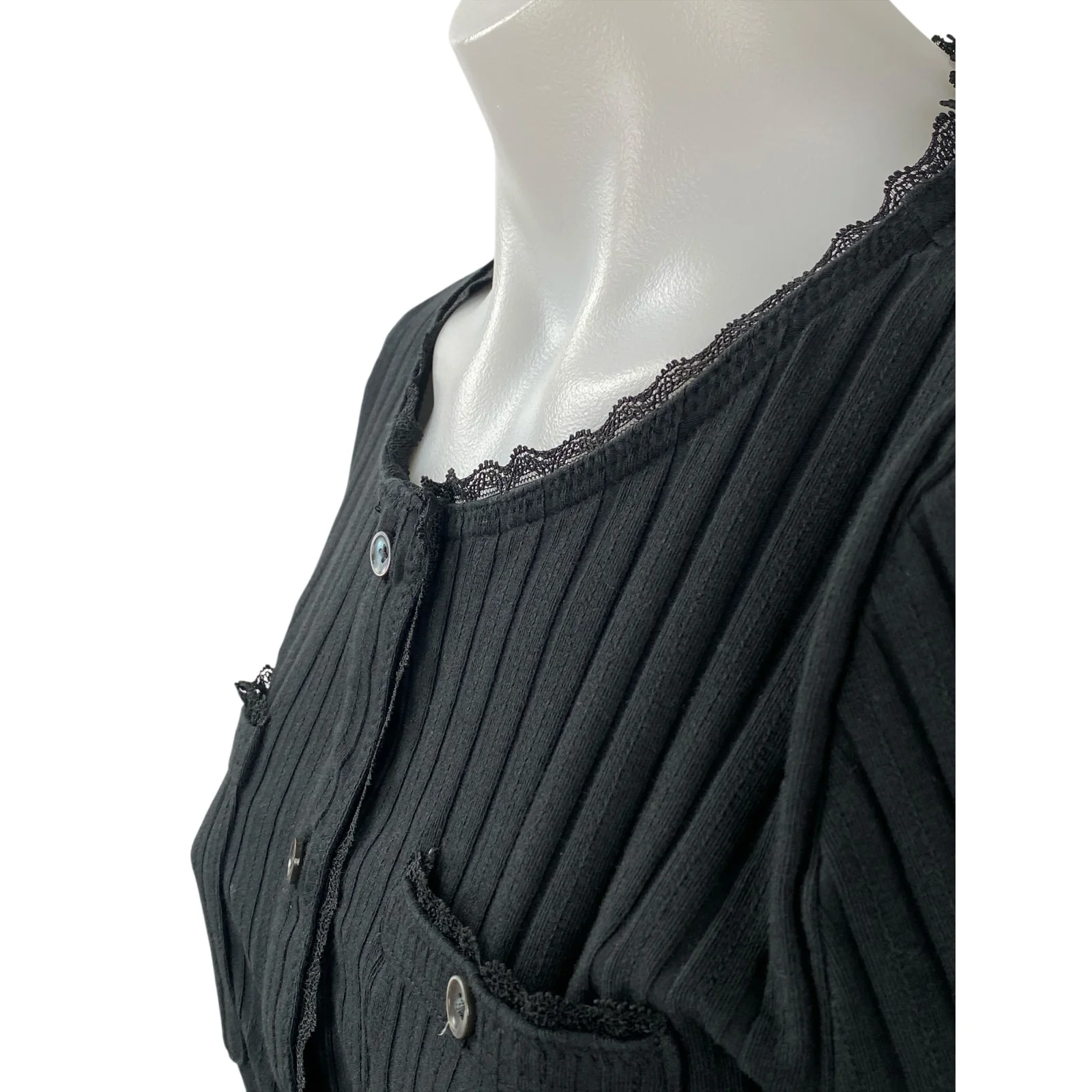 J.Crew Pointelle Black Ribbed Lace Trim Button Down Crop Cardigan Sweater Top S - Image 2