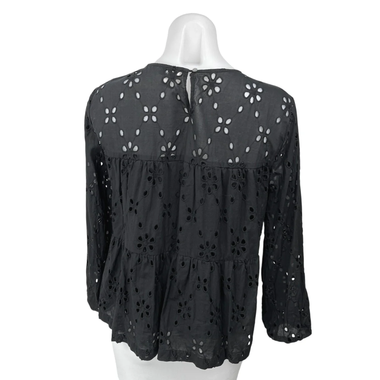 J.Crew Women's Black Embroidered Eyelet Tiered Boho 3/4 Sleeve Blouse Top Size M - Image 2