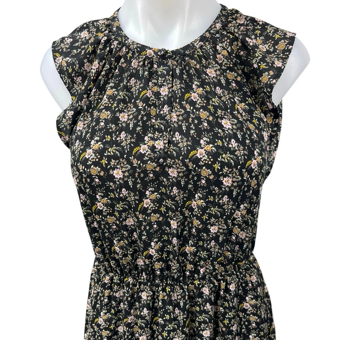 J.Crew Women's Black Floral Sleeveless Ruffle Peasant Blouson Midi Dress Size XS - Image 3
