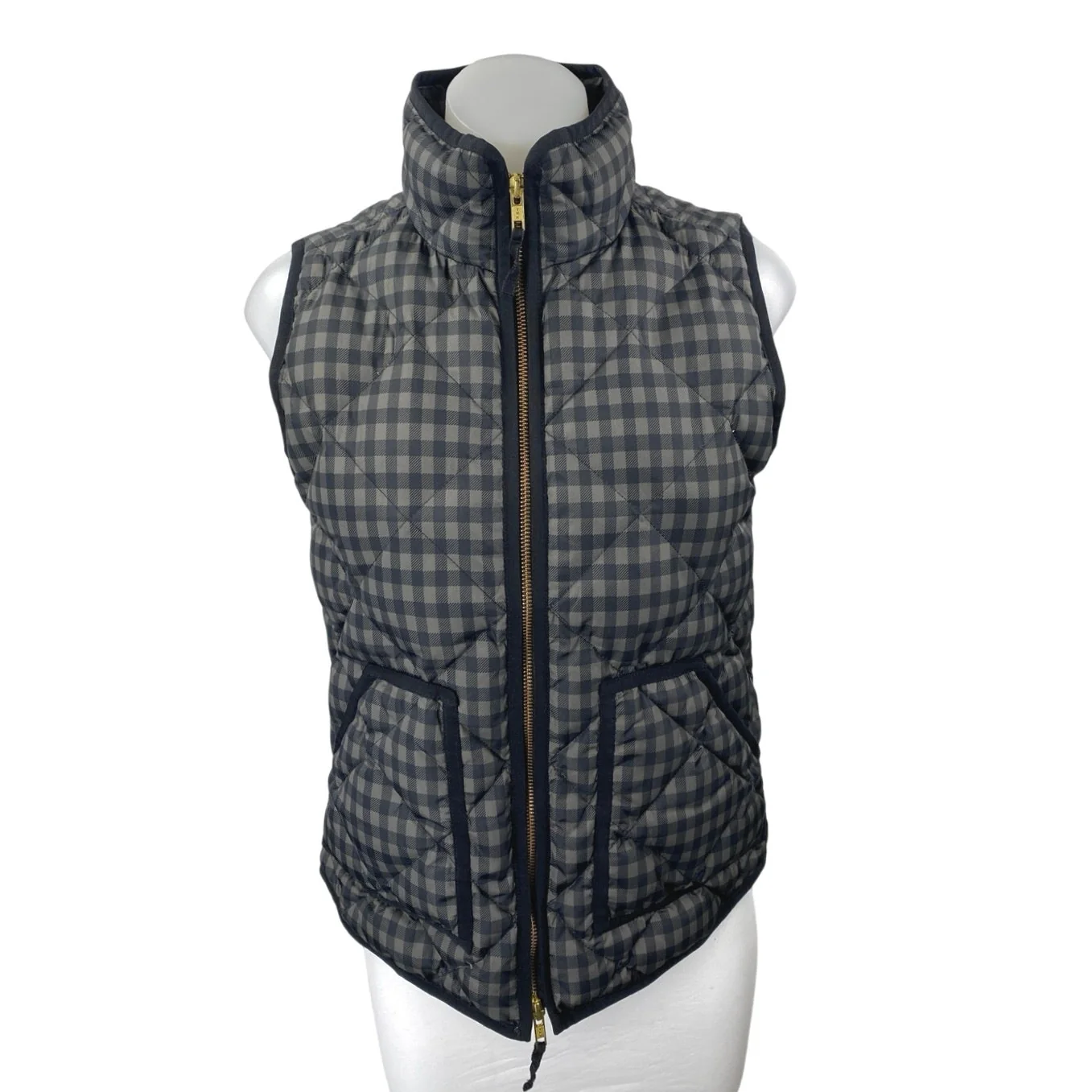J.Crew Women's Black Gingham Checkered Zip Up Puffer Quilted Vest Coat Jacket XS