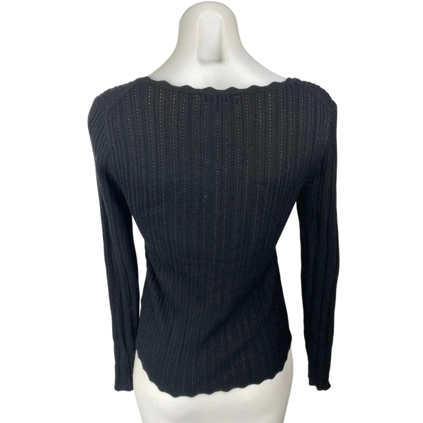 J.Crew Women's Black Rib Knit Scalloped Square Neck Long Sleeve Sweater Top XS - Image 2