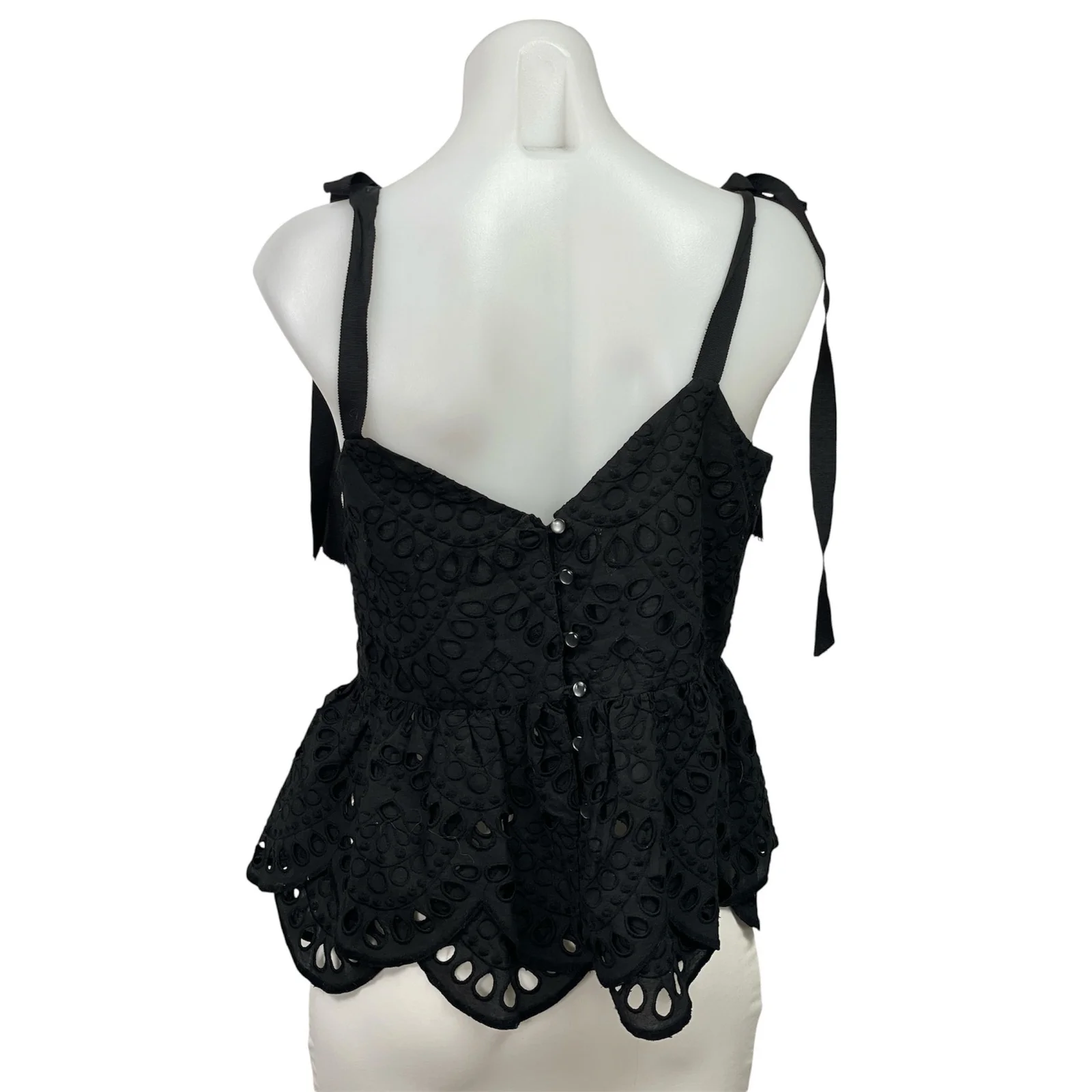 J. Crew Womens Black Sleeveless Eyelet Tie Shoulder Ruffles Peplum Blouse Top 4 - Image 3